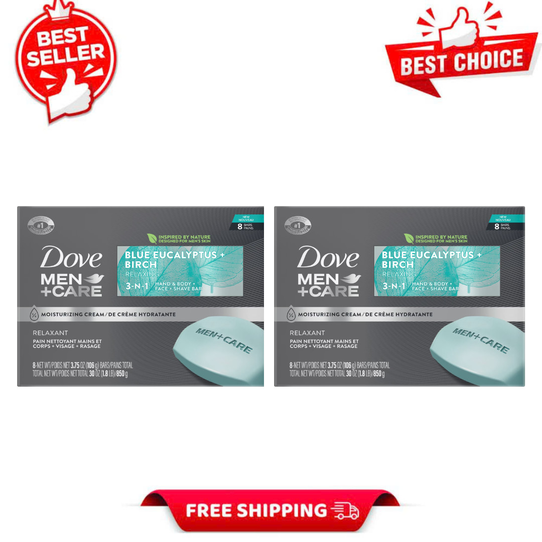 (2 Pack Combo) Dove Men Care 3-in-1 Soap Bar Blue Eucalyptus 3.75oz, 8 Pack Lot