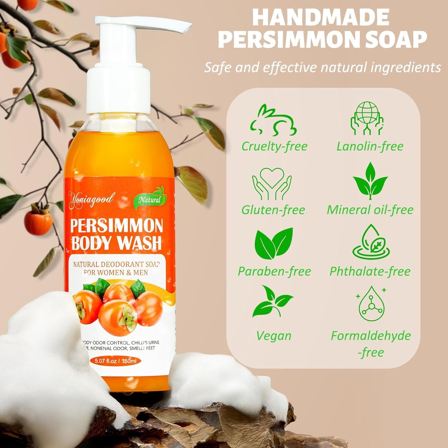 2 PCS Persimmon Body Wash for Strong Odor Control, Natural Persimmon Soap Bar