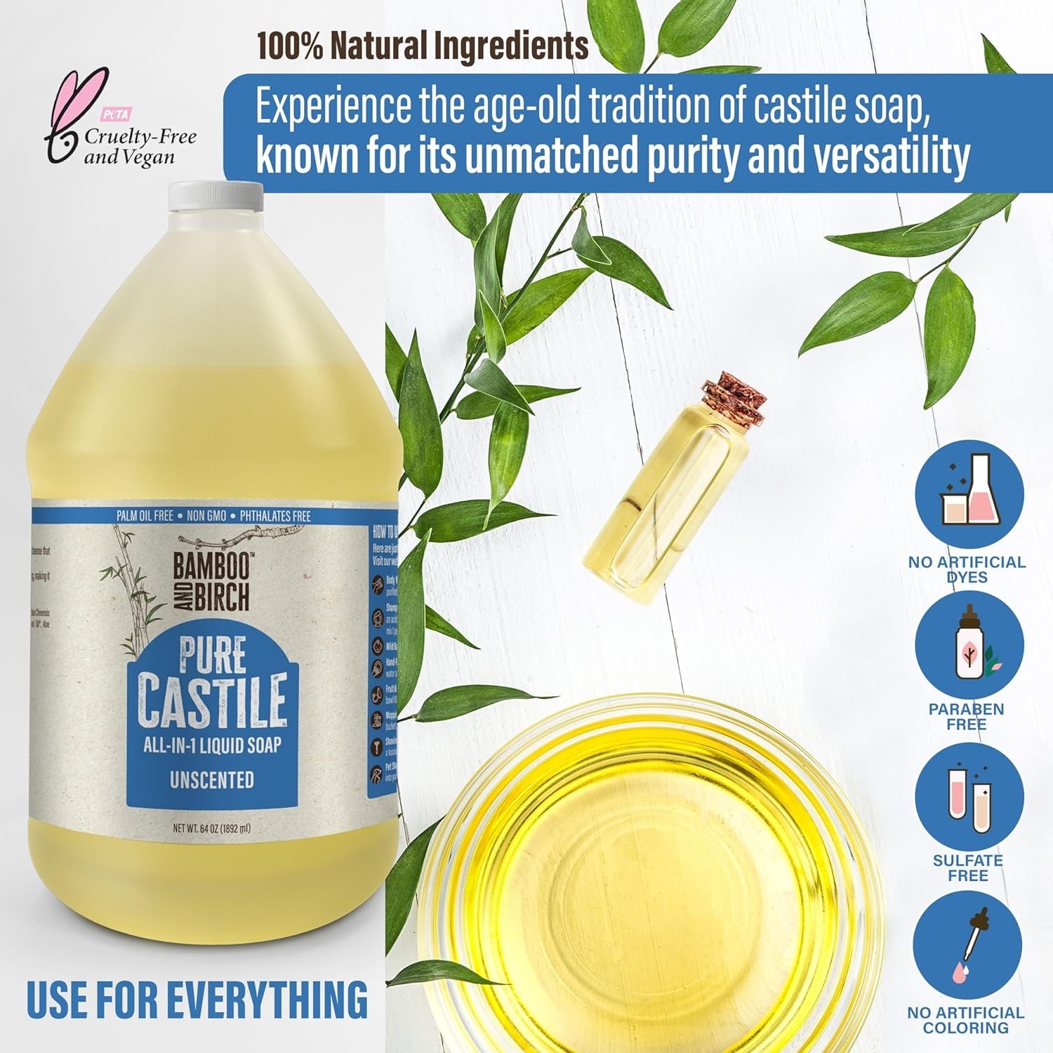 Pure Castile Soap Liquid Organic, Certified Palm 64 Fl Oz (Pack of 1) Unscented