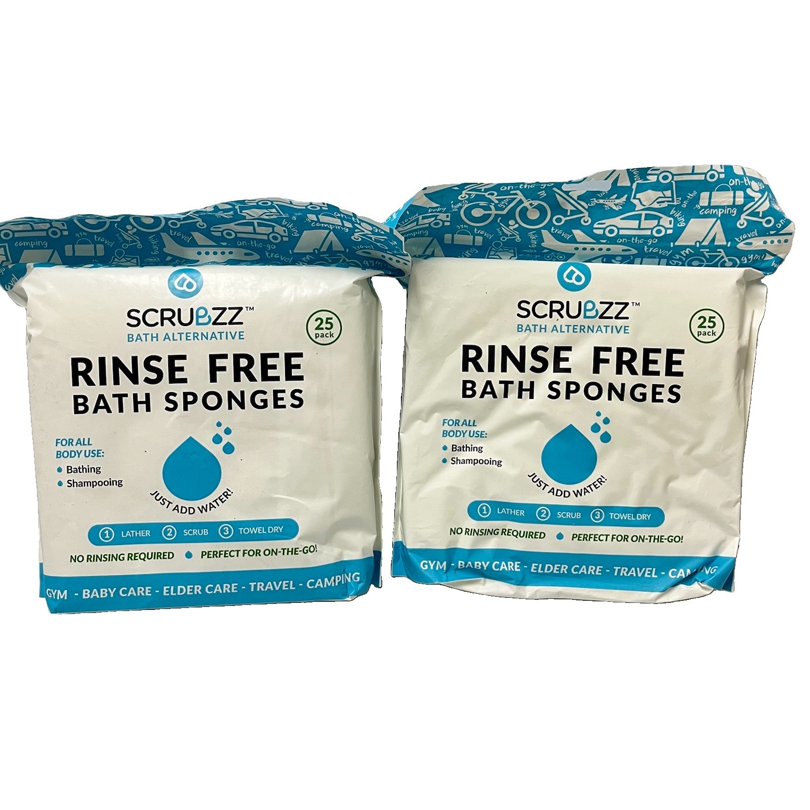 New Lot Of 2 Scrubzz Bath Alternative Rinse Free Bath Sponges 25 Each Total 50