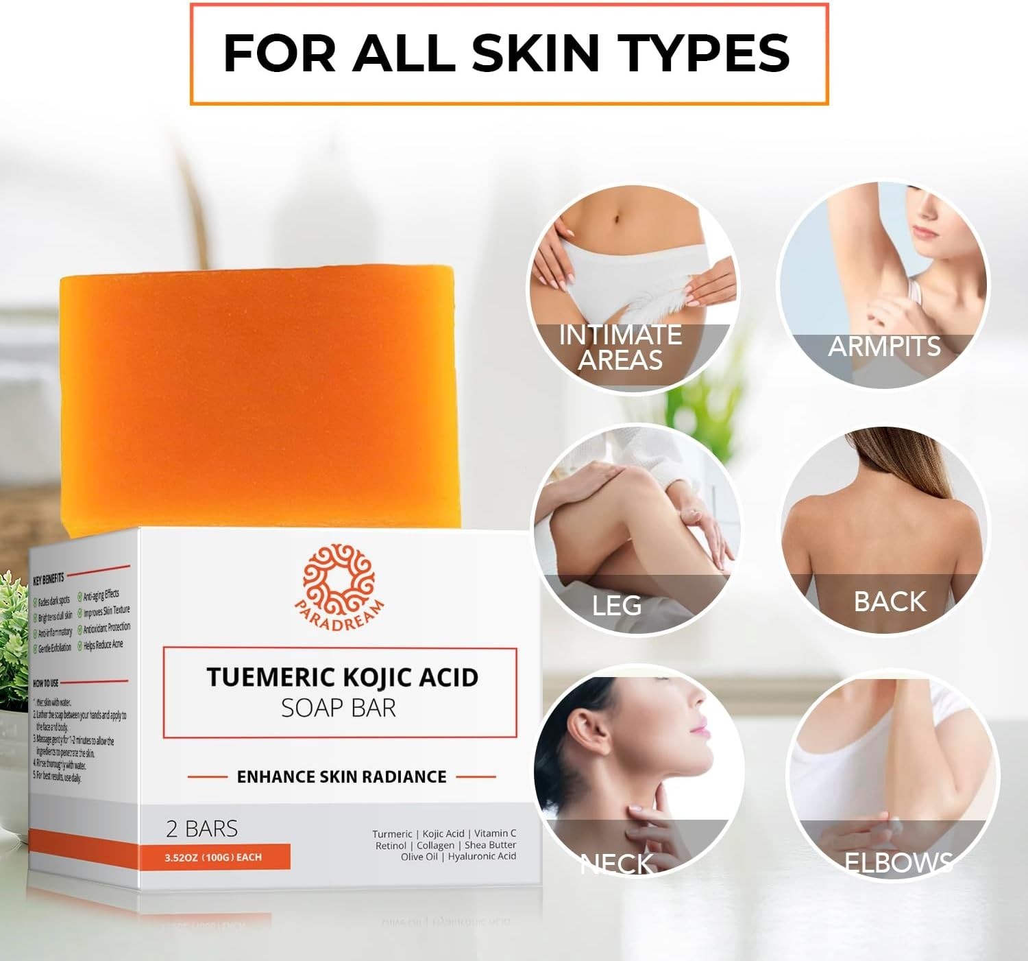 Kojic Acid Soap 2 Bars with Loofah Sponge Turmeric Vitamin C Retinol Set