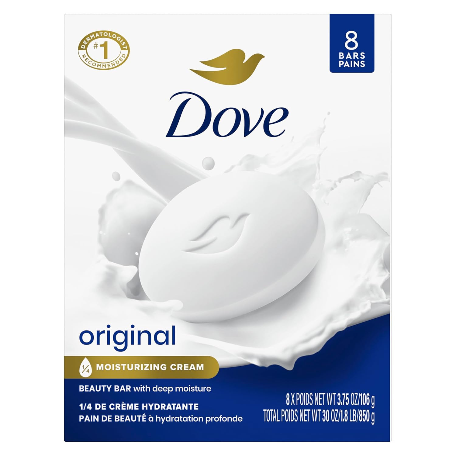 Dove Beauty Bar Soap Original 8 Count Soft With 1/4 Moisturizing Cream 3.75 Oz