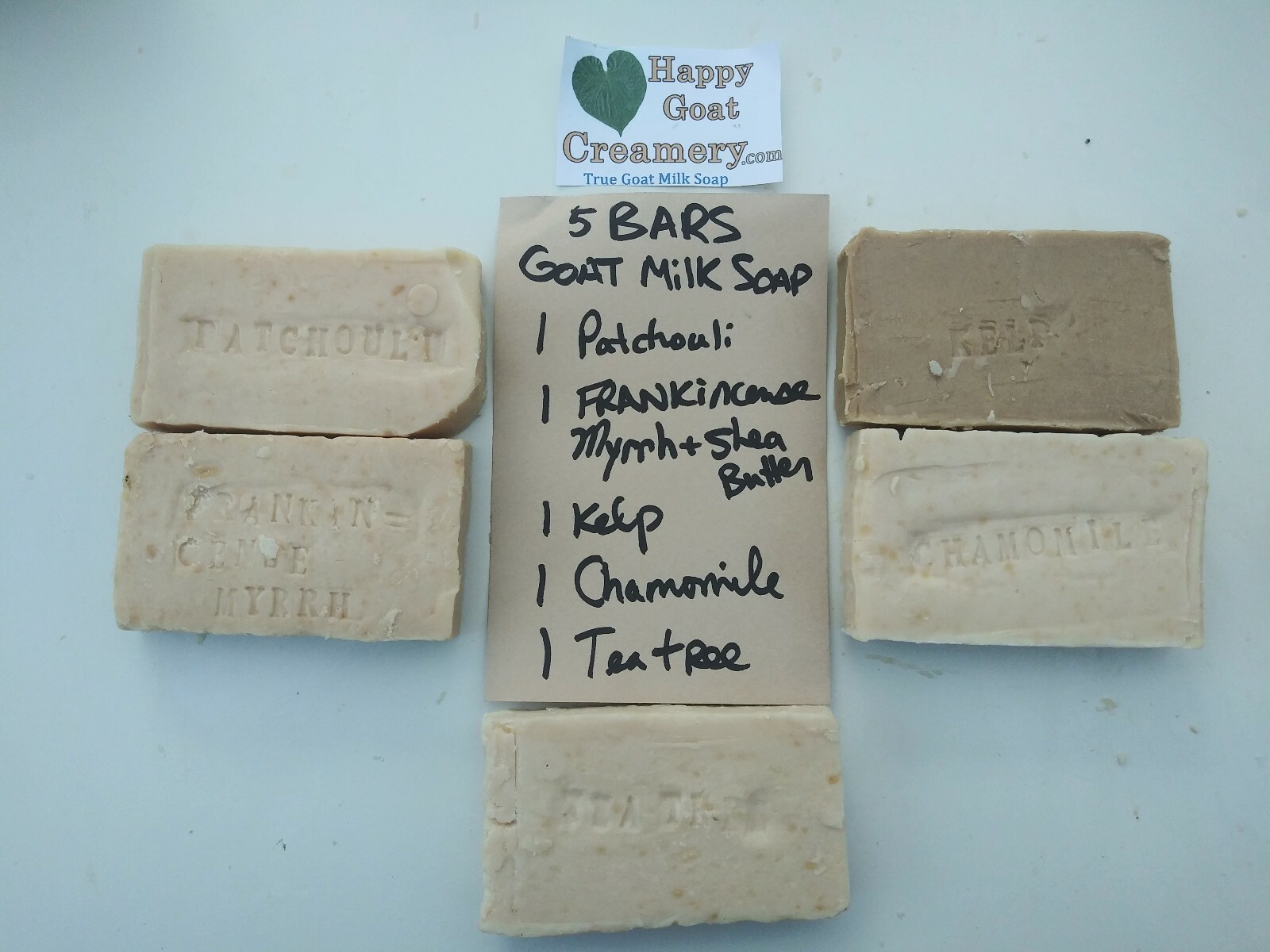 5 BARS CHAMOMILE PATCHOULI FRANKINCENSE MYRRH GOAT MILK SOAP HAPPY GOAT CREAMERY
