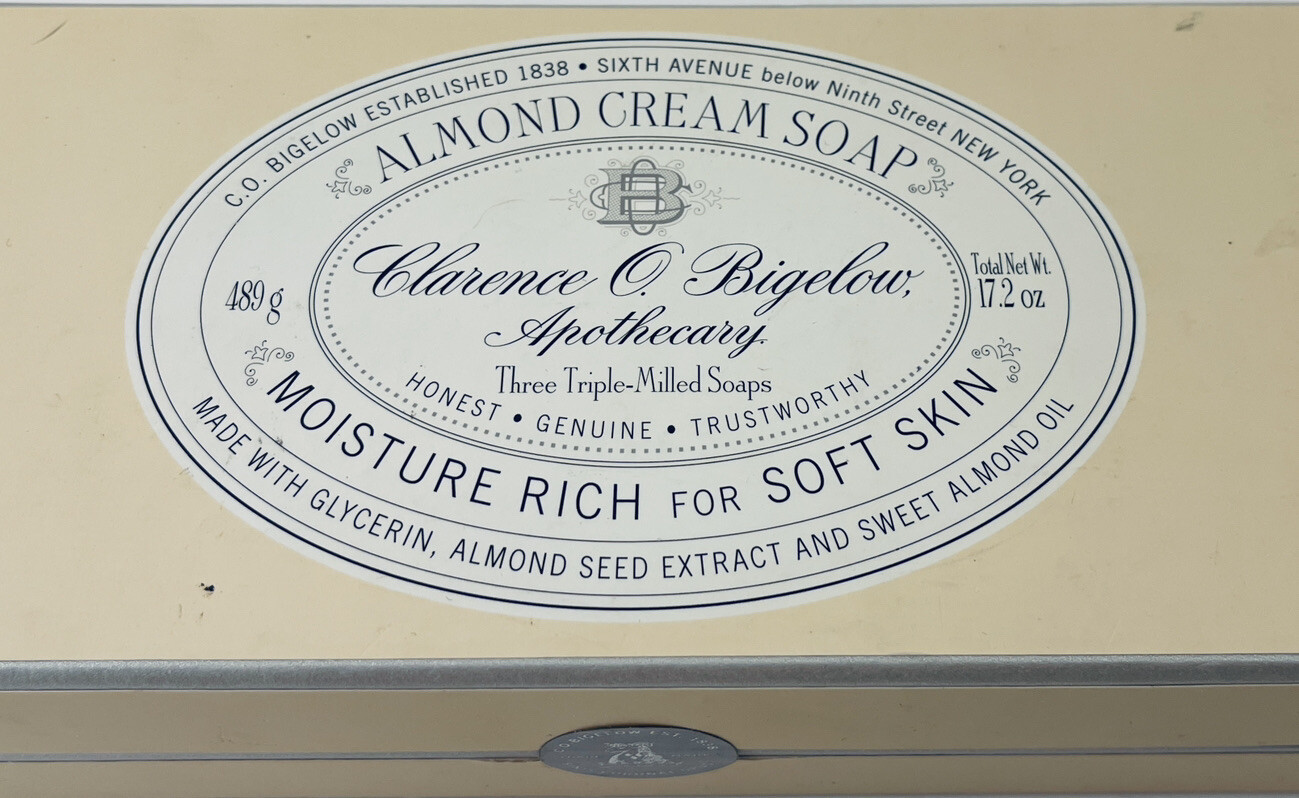 C.O. Bigelow Apothecary Almond Cream Soap Moisture Rich set of 3 Bars New Sealed
