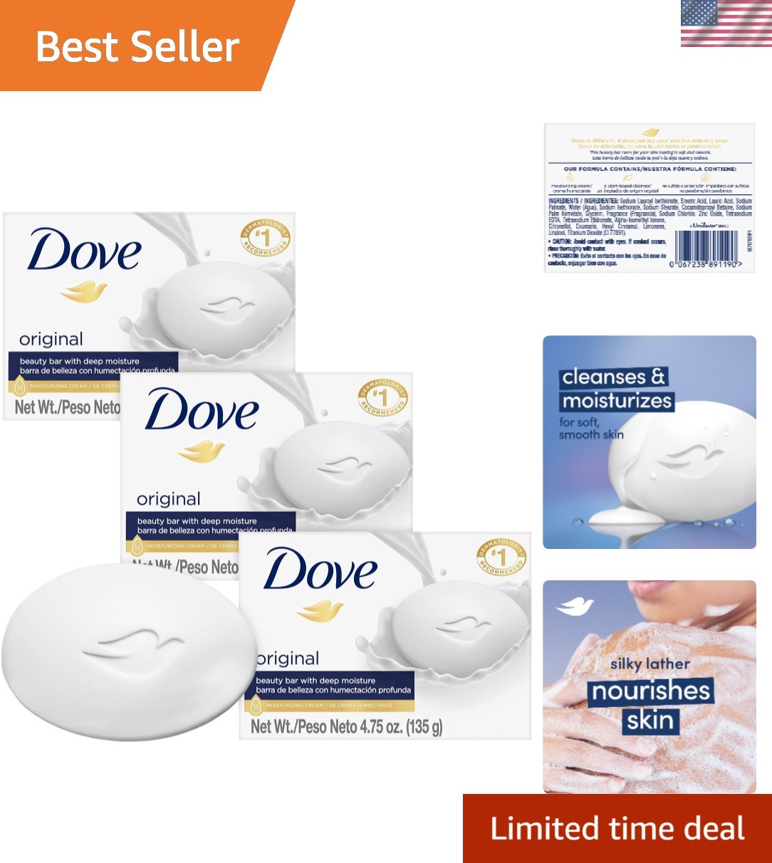 3-In-1 Dove Beauty Bars – Moisturizing Face, Body & Hand Soap, 4.75 Oz