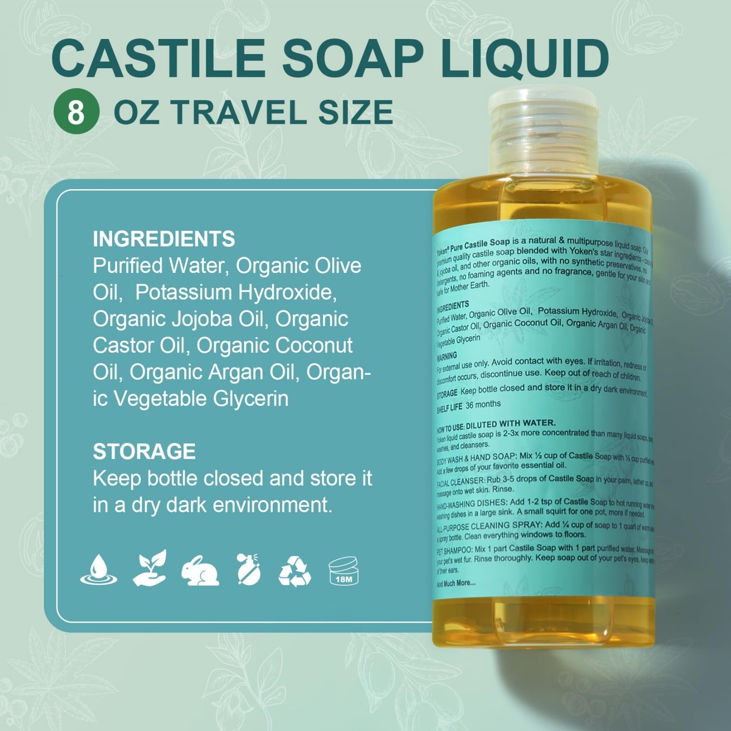Organic Castile Liquid Soap 8oz Unscented Face Laundry Dishes Jabon Castilla