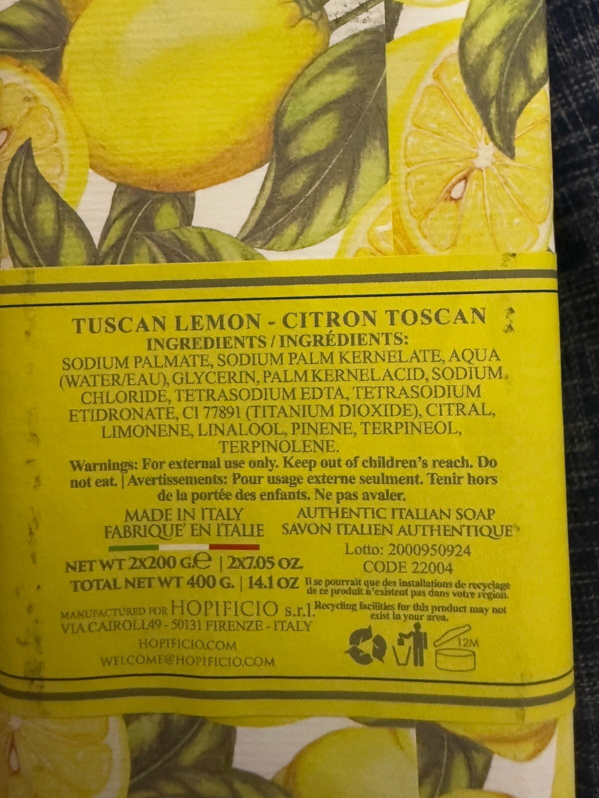Set 2 Pcs HOPIFICIO Firenze TUSCAN LEMON Triple Milled Soap Bar 7.5 Oz X2