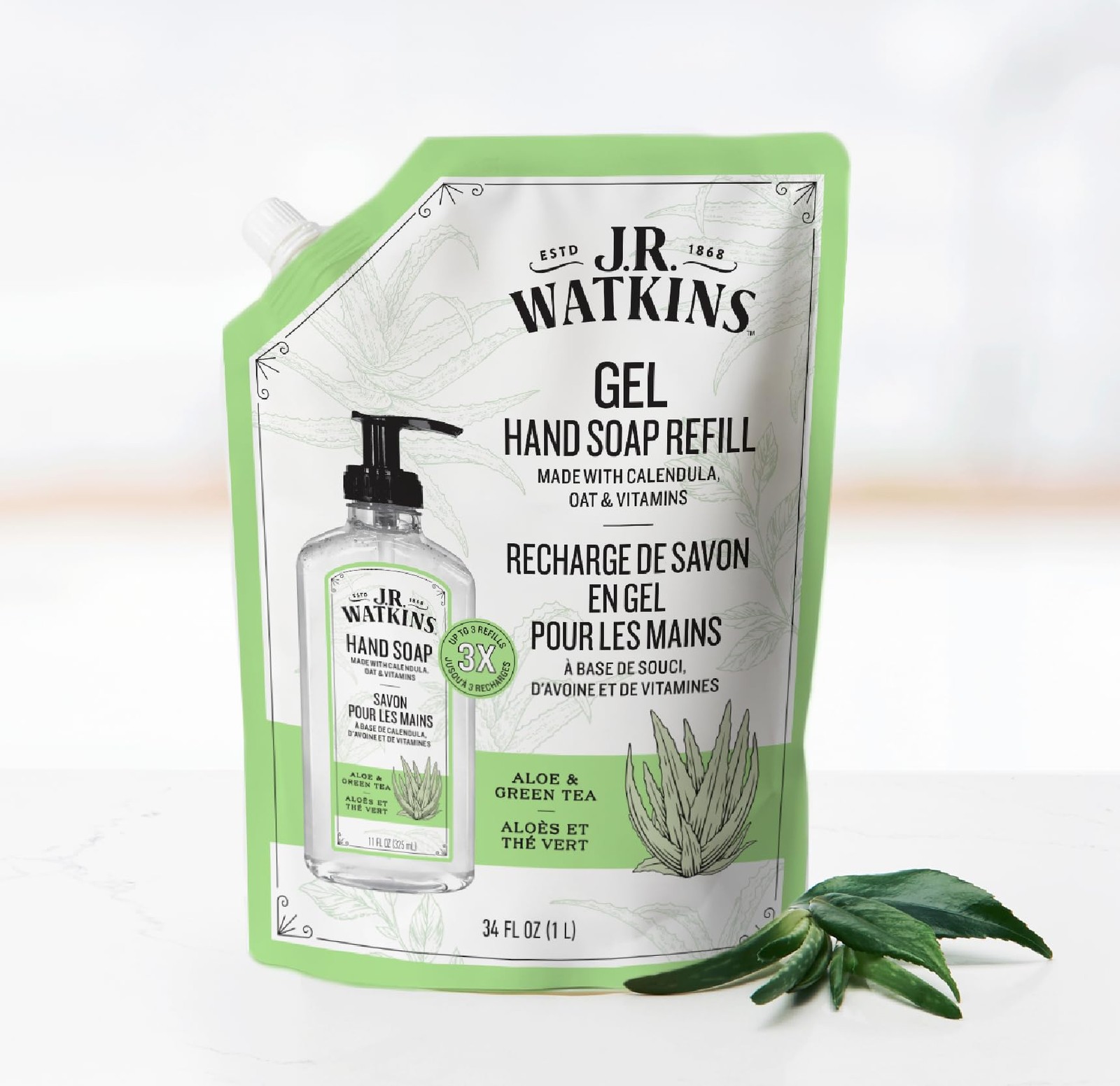 J.R. Watkins Gel Hand Soap Refill, 34 Fl Oz (Pack of 2), Aloe & Green Tea