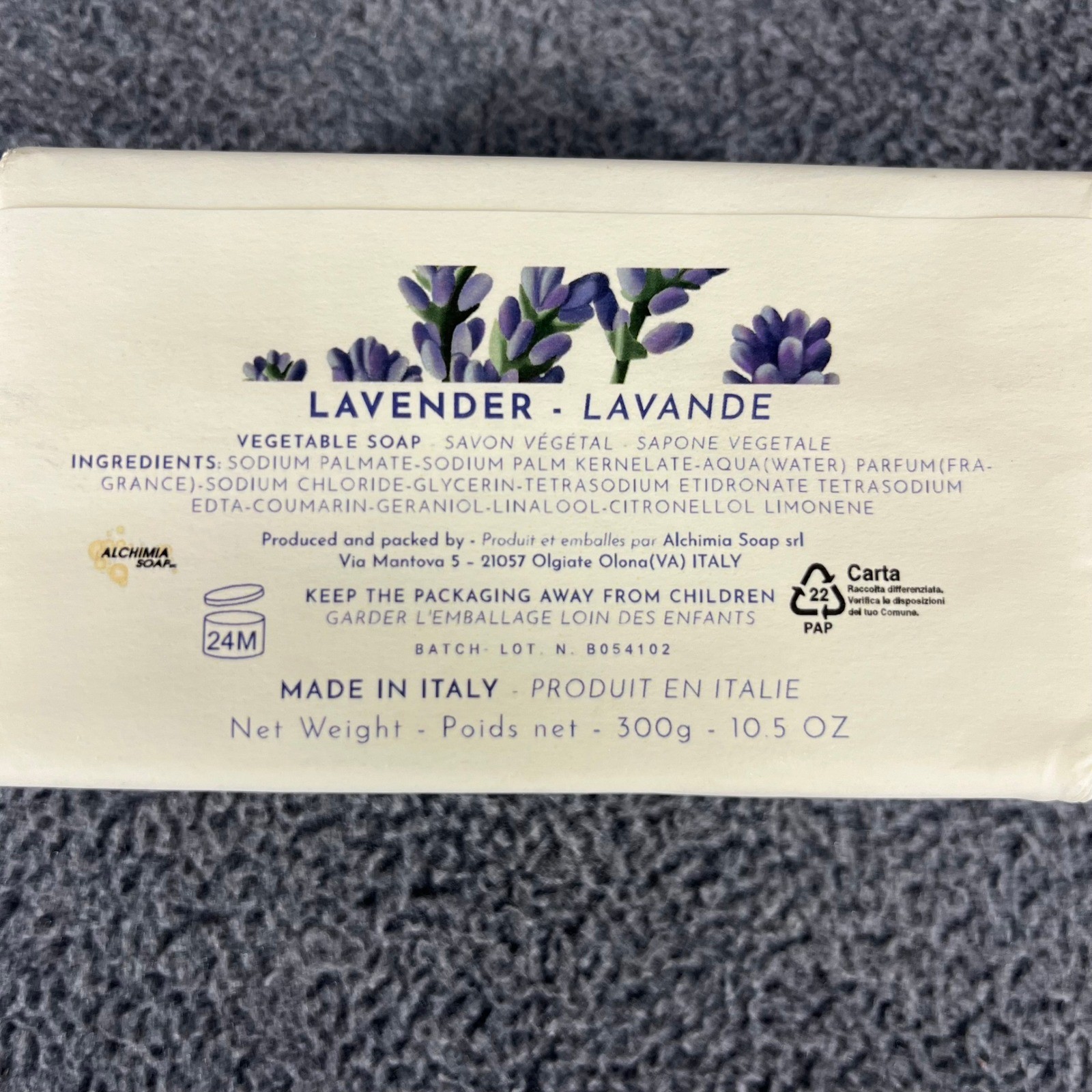 Alchimia Lavender Vegetable Soap Unisex 10.5 oz Purple Made in Italy Floral Bar
