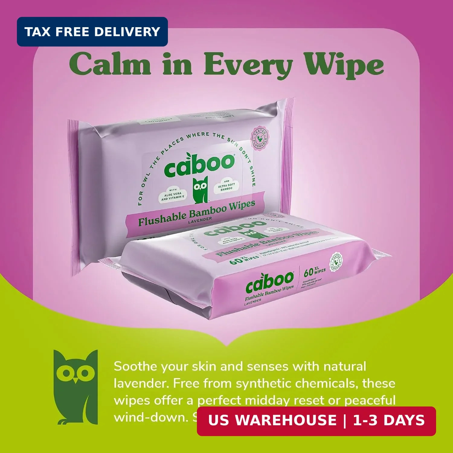 Caboo Lavender Flushable Wipes | Certified Flushable, Septic Safe, Chemical Free