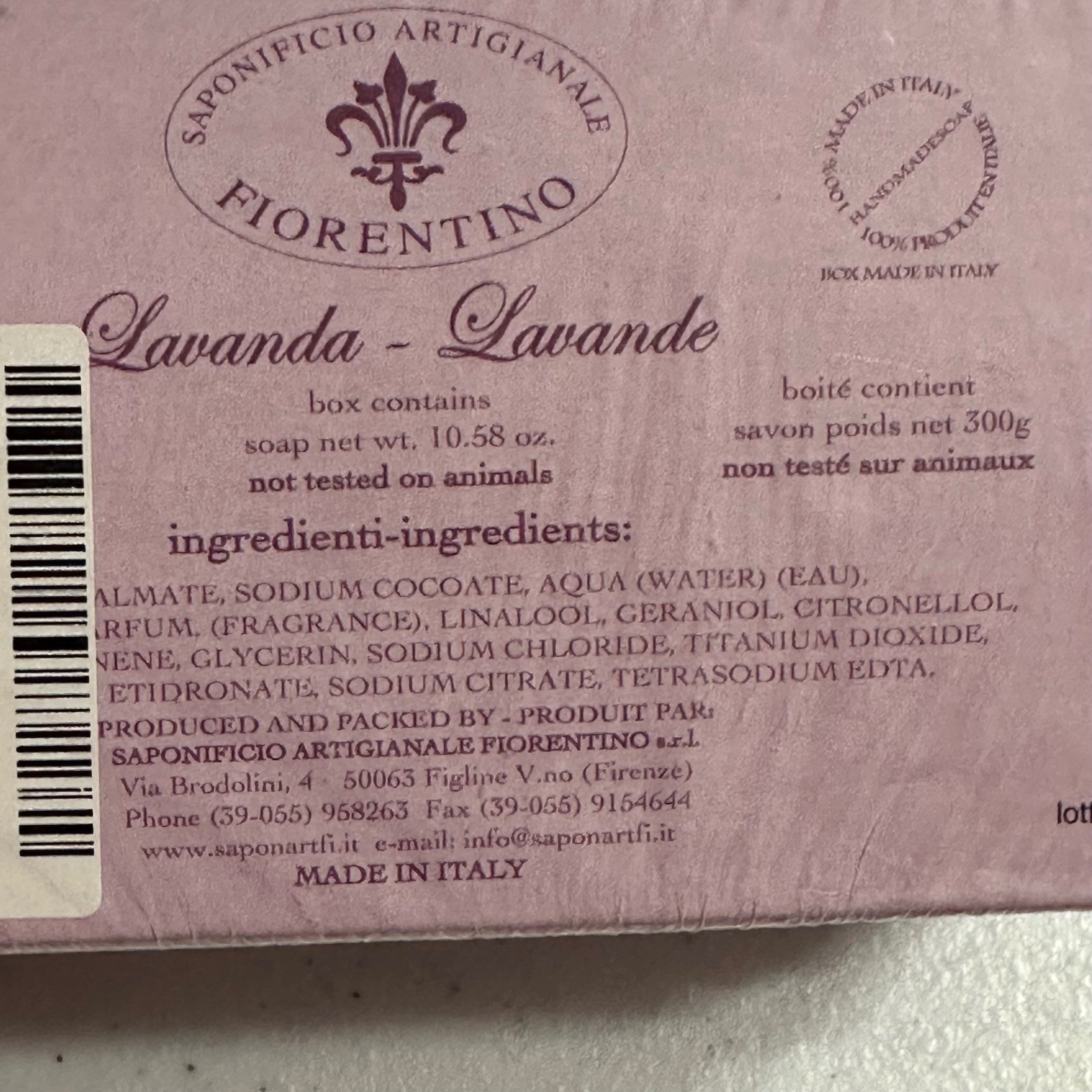 Saponificio Artigianale Fiorentino Tuscan Lavender Bar Soap Made in Italy NEW