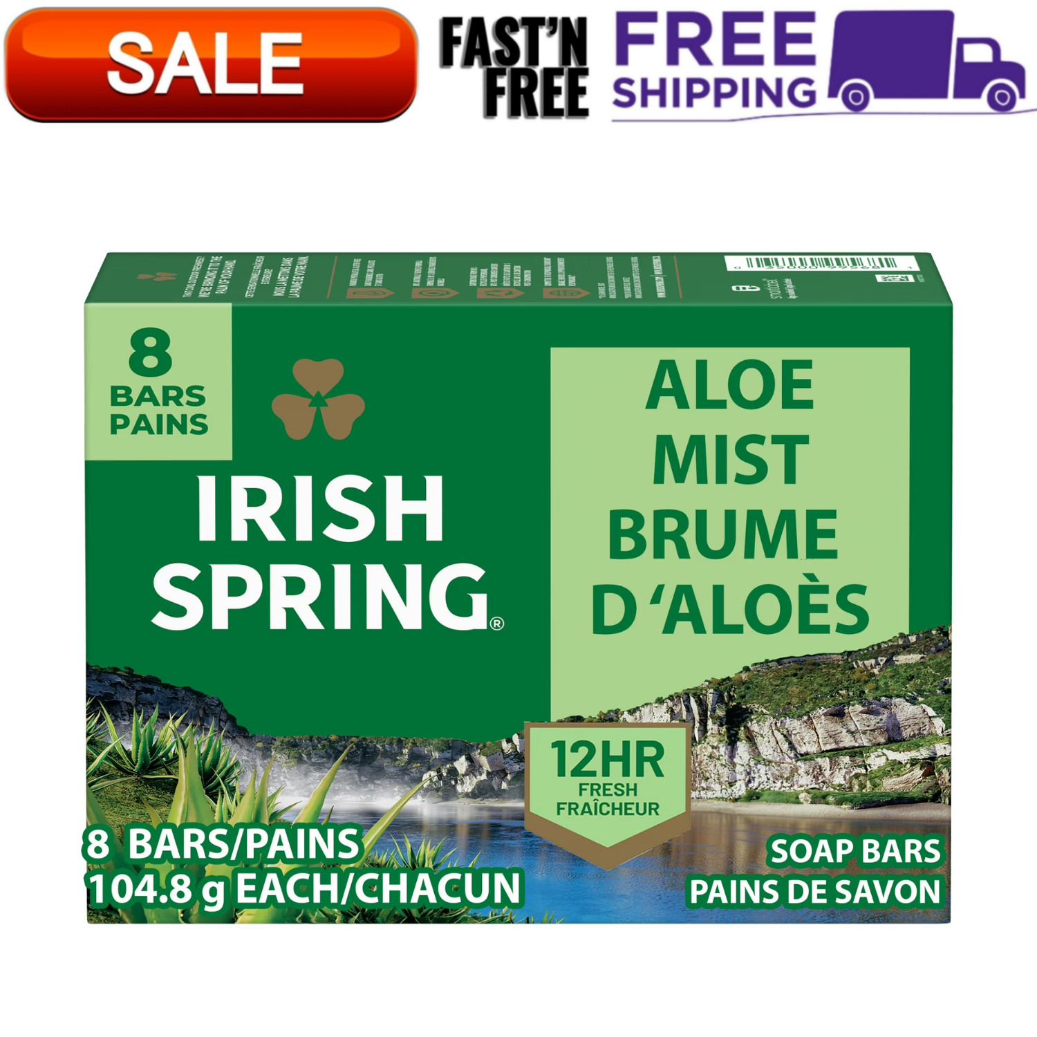 (8 Pack) Irish Spring Aloe Mist Deodorant Bar Soap for Men 12H Fresh, 3.7 oz Bar