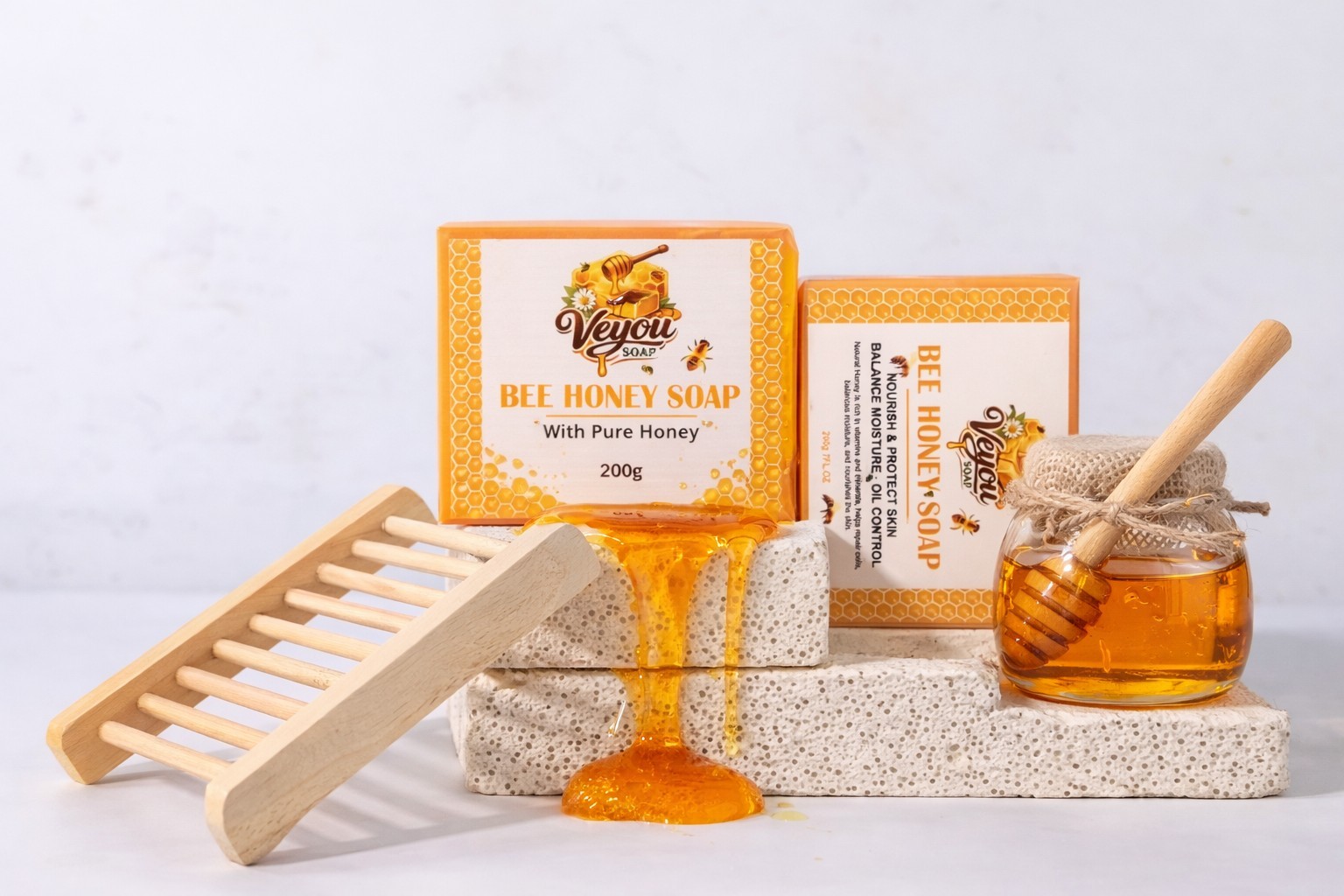 Veyou Bee Honey Soap Pure Honey Orange Rectangular Body Bar Soap 200g