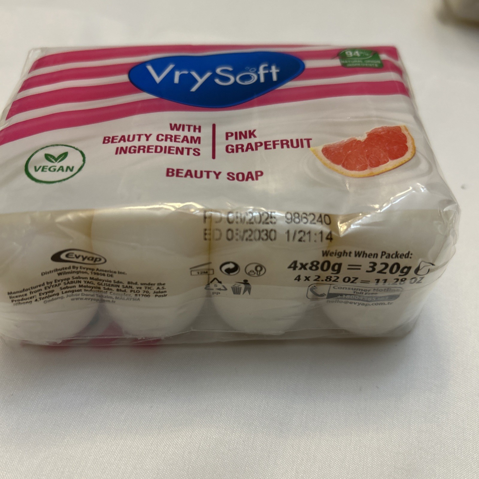2 Packs VrySoft Beauty Soap Pink Grapefruit 4 Bars Each 8 Total Vegan Natural