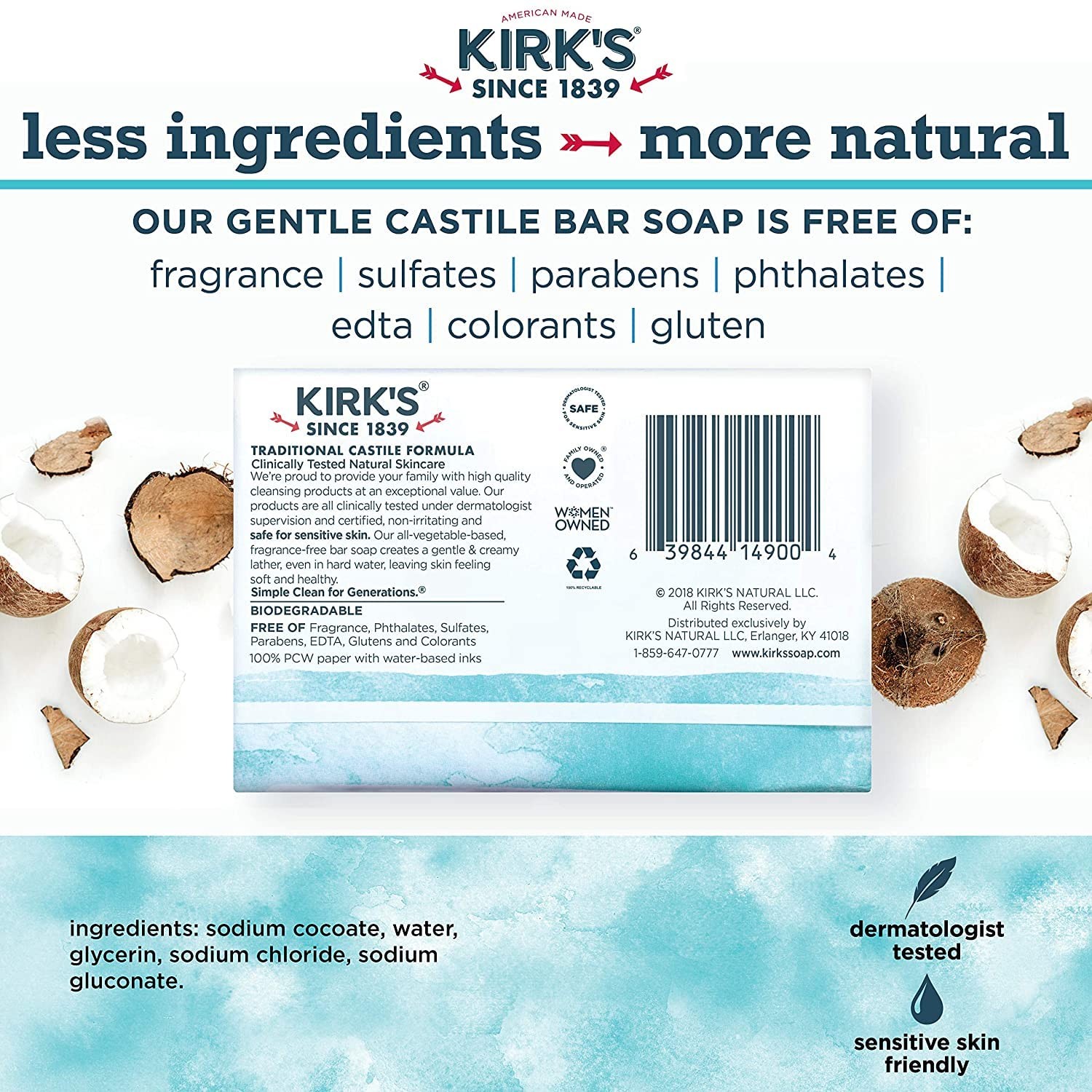 Kirk’s Natural 4 Ounce Coconut Oil Castile Soap Fragrance Free Pack Of 24