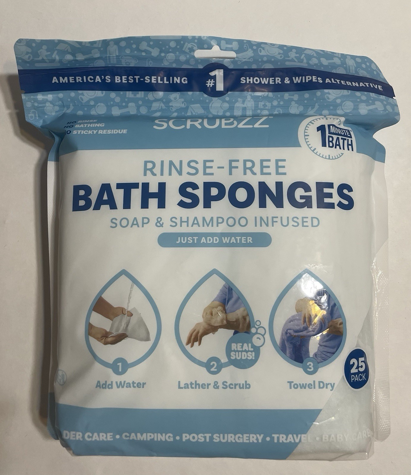 New SCRUBZZ RINSE-FREE BATH SPONGES Unscented 25-pack