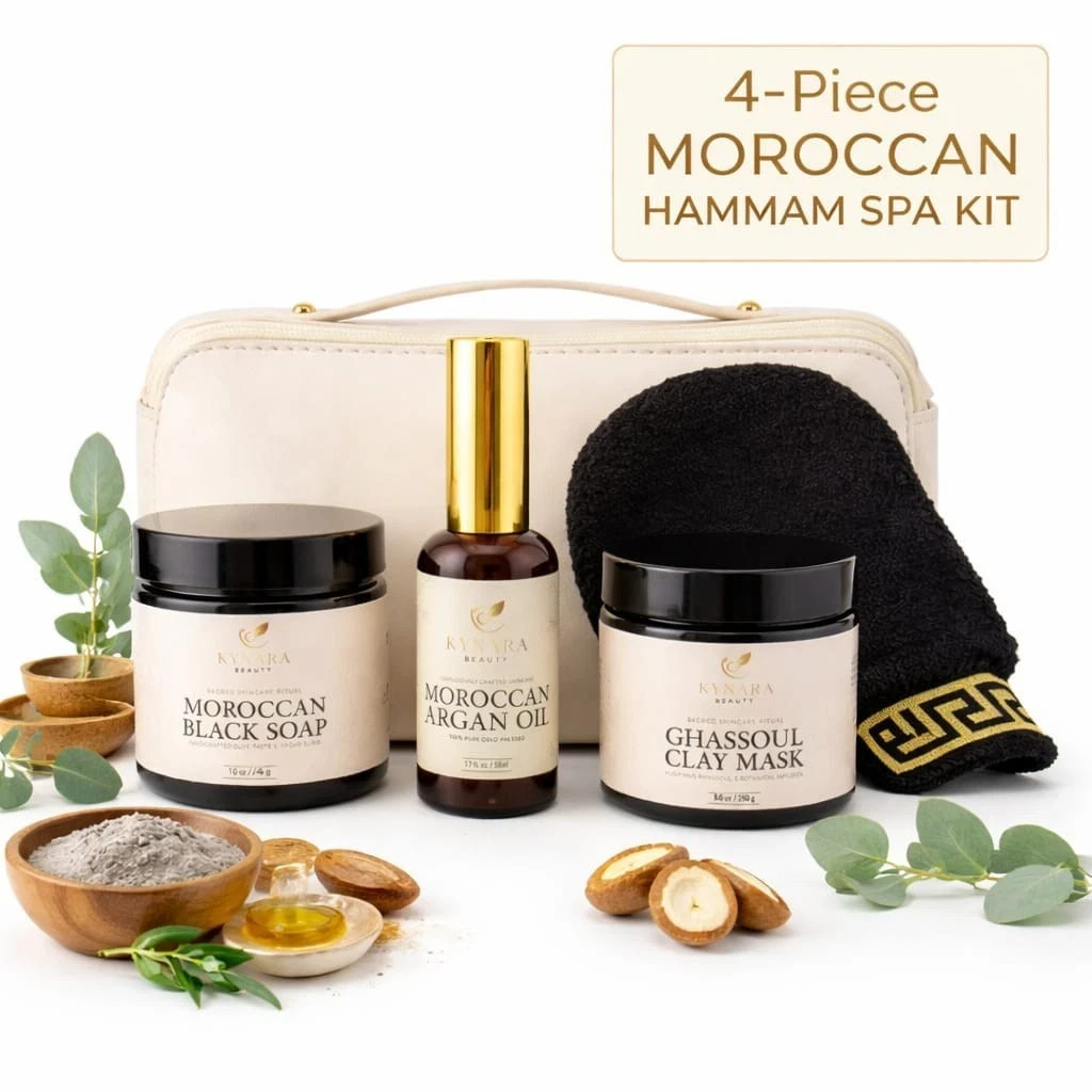 Moroccan Hammam Spa Kit Set 4(Black Soap, Argan Oil, Rhassoul Clay, Kessa glove}