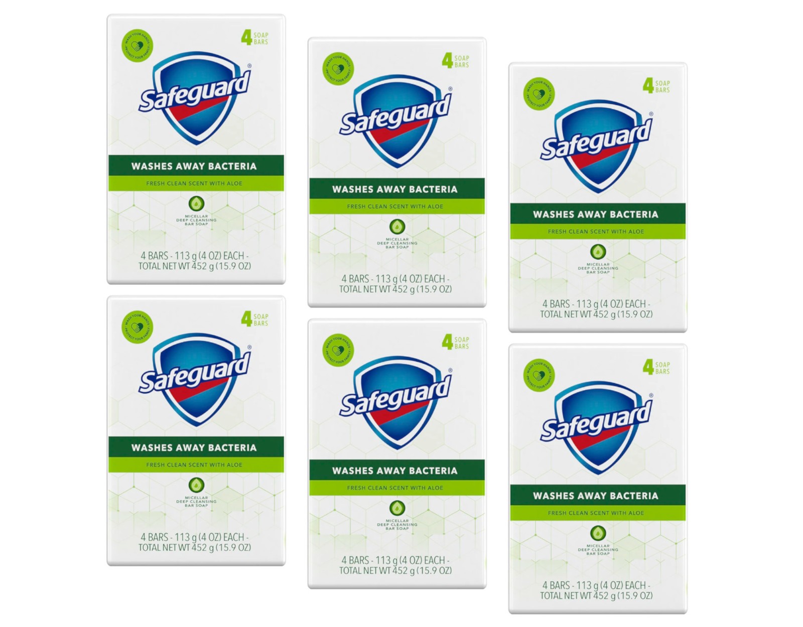 Safeguard Aloe Vera Antibacterial Deodorant Bar Soap 4Oz. 4 Count – Pack of 6