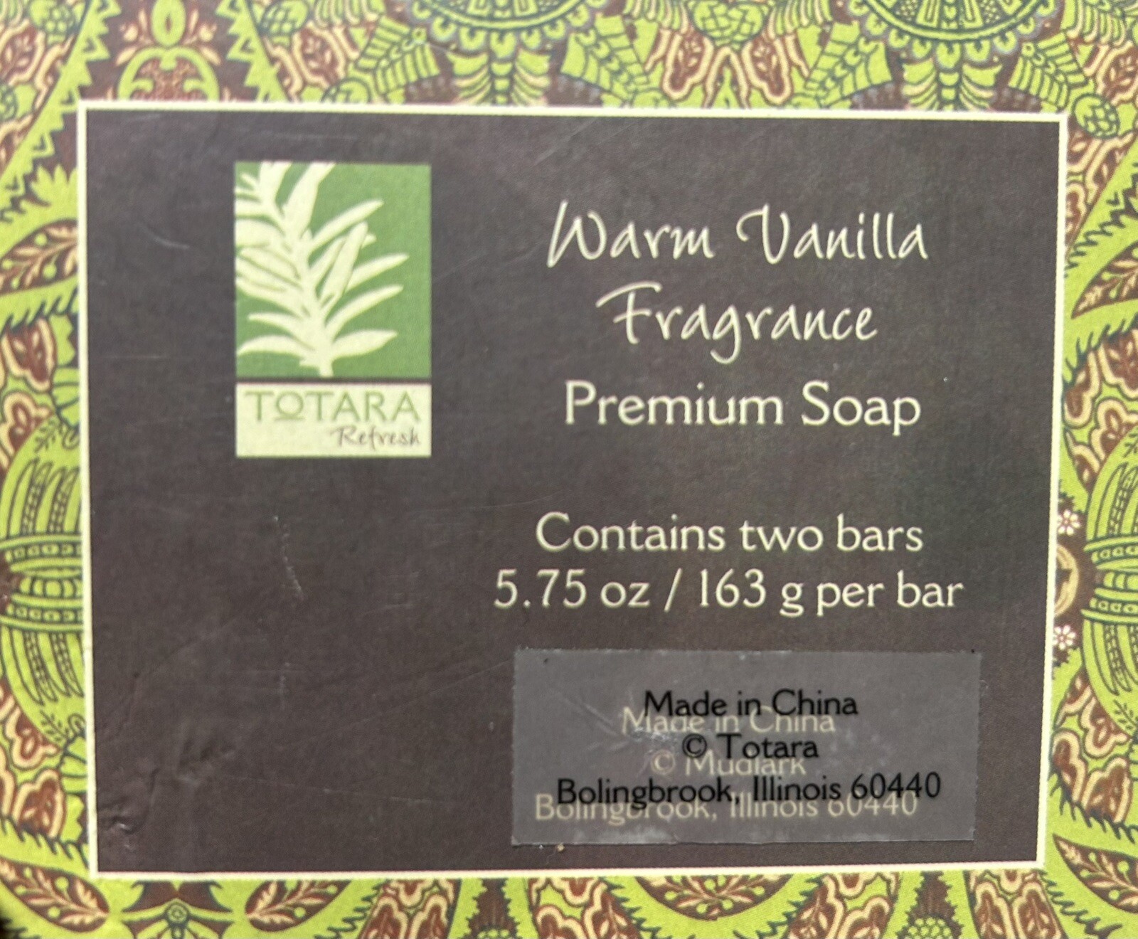 Totara Refresh warm, Vanilla, Fragrance, Premium Soap 2 Bars 5.75 OZ Per in Box