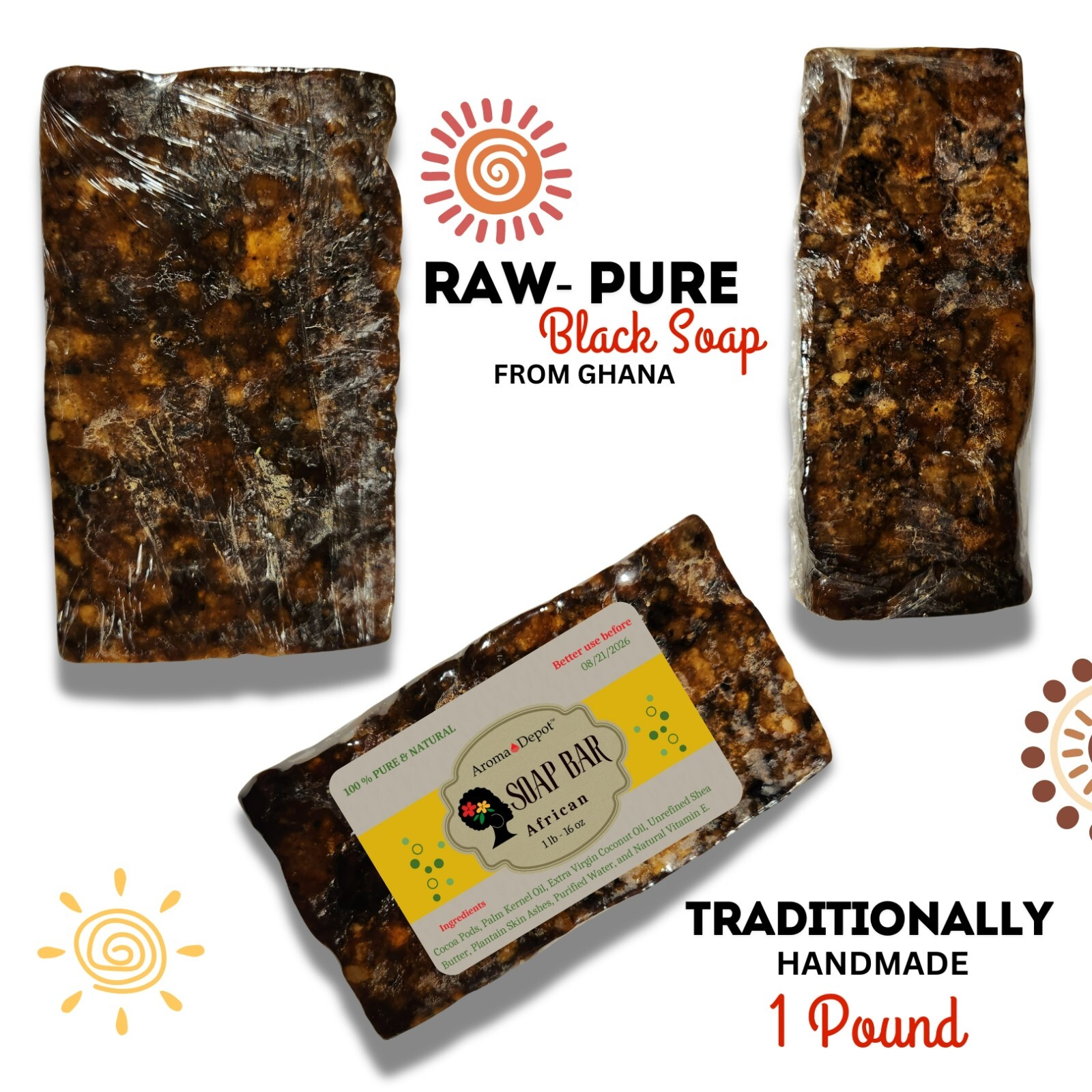 Black Soap 1 lb. African Raw Natural Soap Unrefined Pure Skin Body Face Wash
