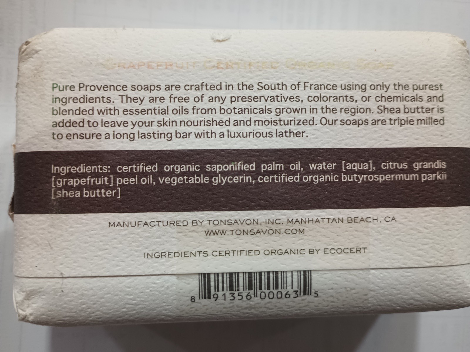 Tonsavon Pure Provence certified Organic Triple Milled Soap Grapefruit 7 Oz 200g