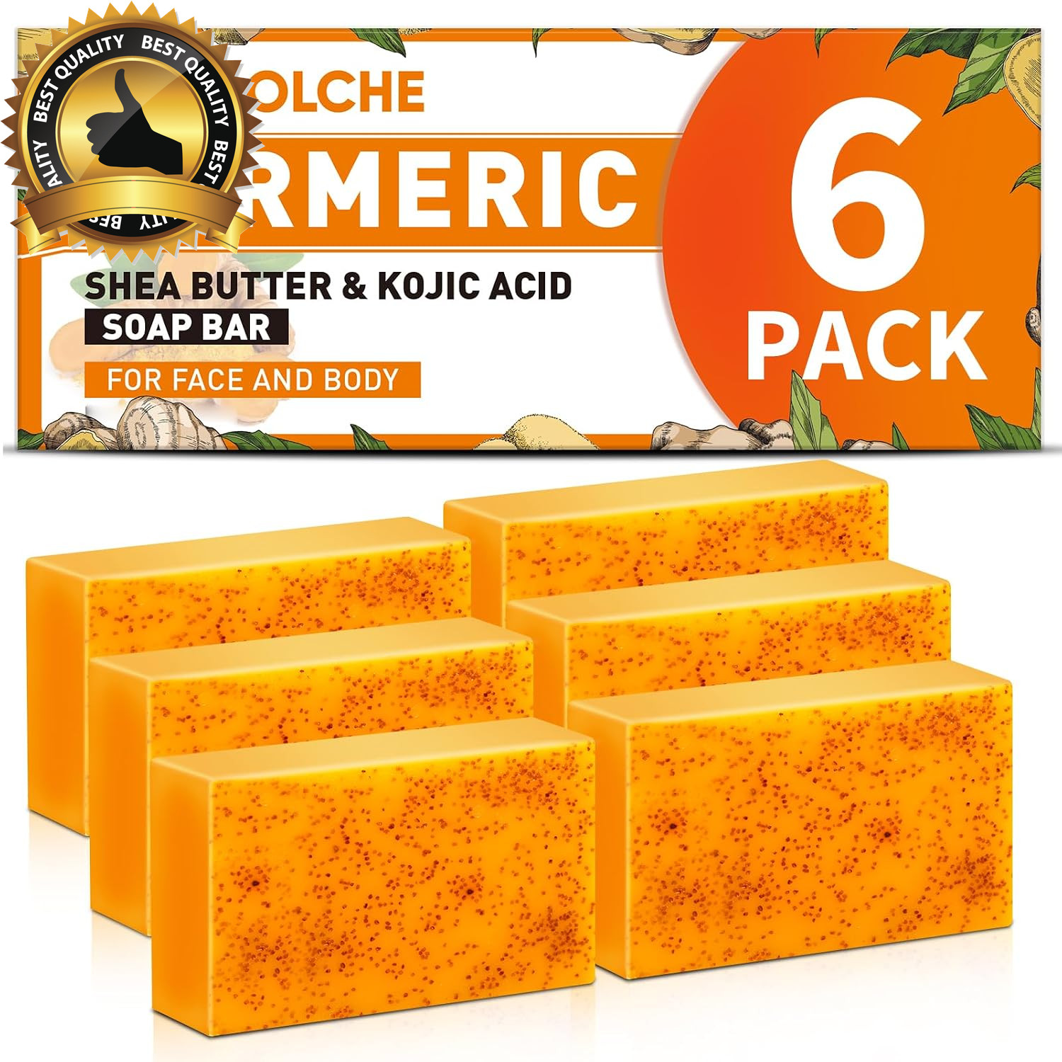 6 Pack Turmeric Kojic Acid Soap Bars – Infused with Retinol, Hydrolyzed Collagen