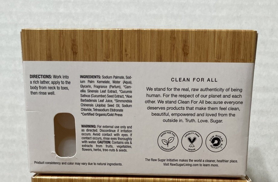 RAW SUGAR Eco Body Bar Green Tea, Cucumber & Aloe Vera, 5 oz. ea. NEW