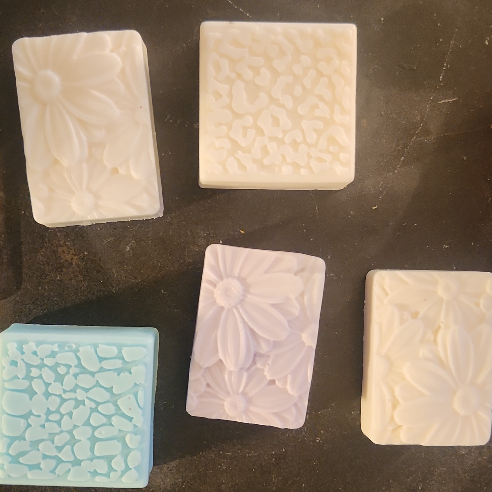 Floral Embossed Rectangular Body Bar Soap Lot of 5, White Blue Purple