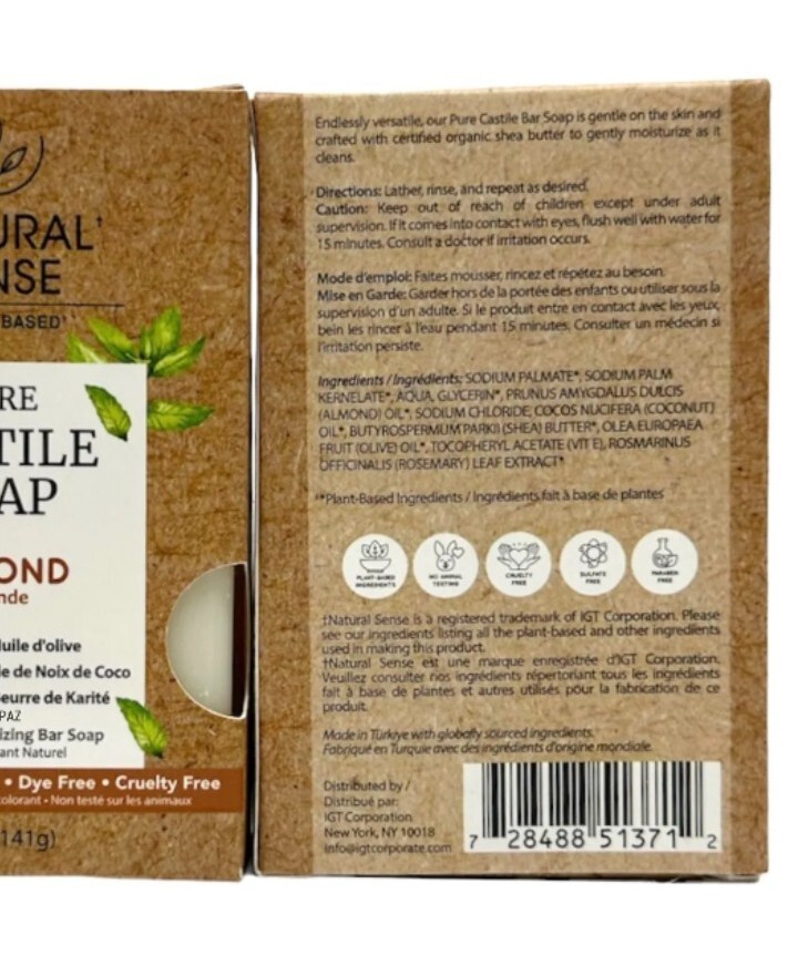 NEW! NATURAL SENSE (2-BARS) 5 Oz. Bars ●ALMOND● Pure Castile Natural Soap🫧.