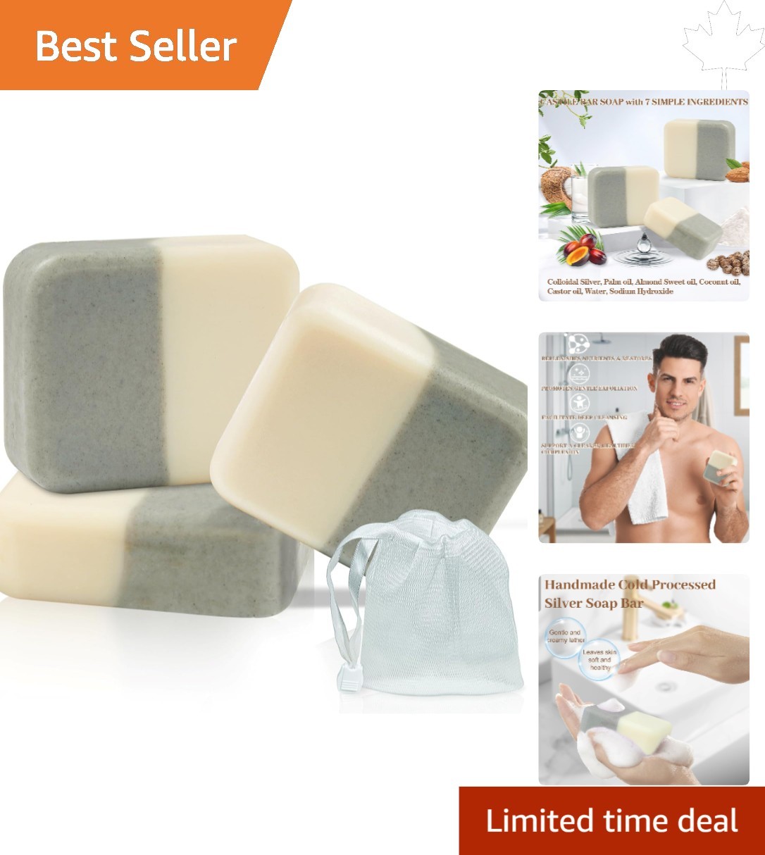 3 Pack Unscented Colloidal Silver Soap Bar – Moisturizing Cleanser for Body Odor
