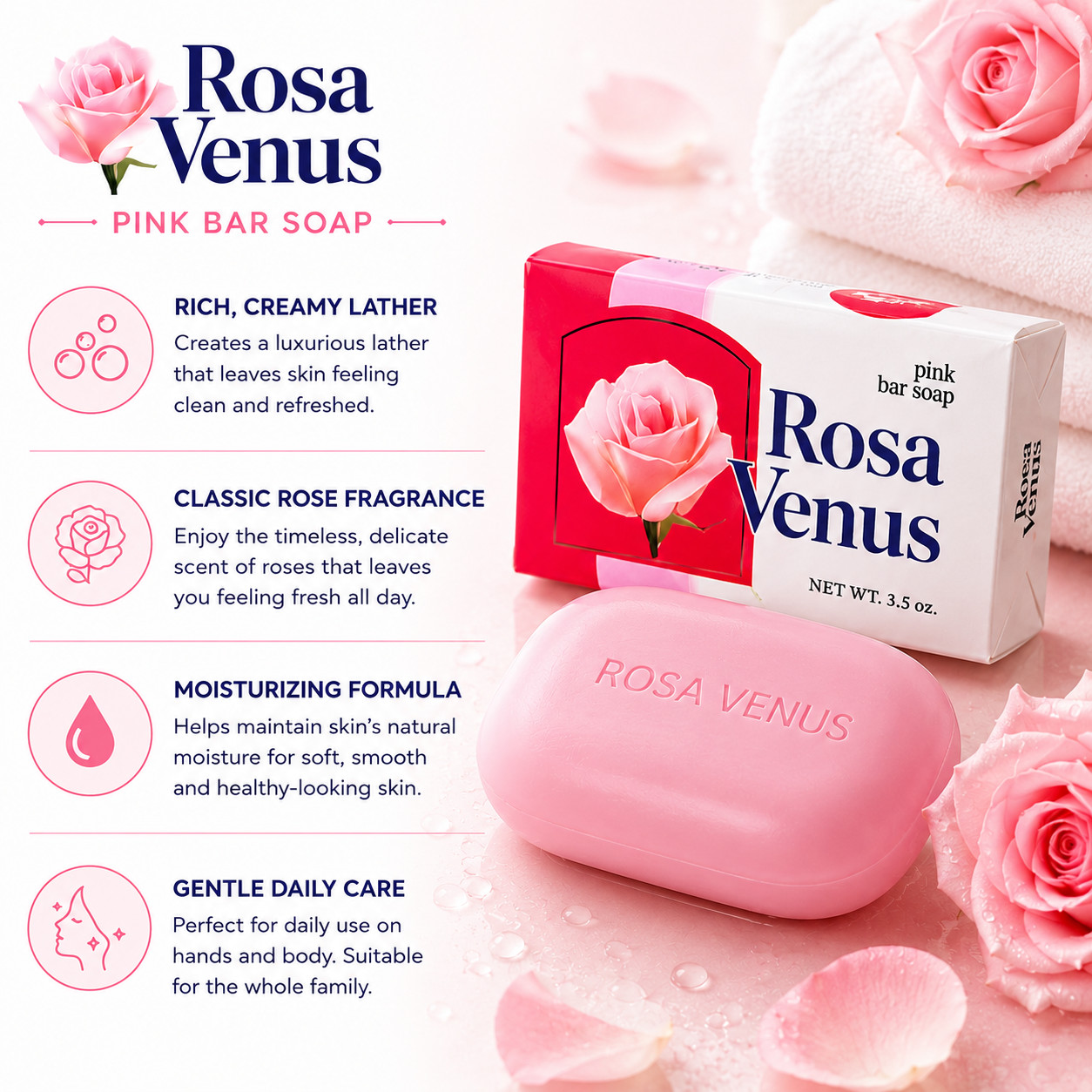 Rosa Venus Pink Bar Soap 5.3 oz 12 Pack Moisturizing Bath Body Soap