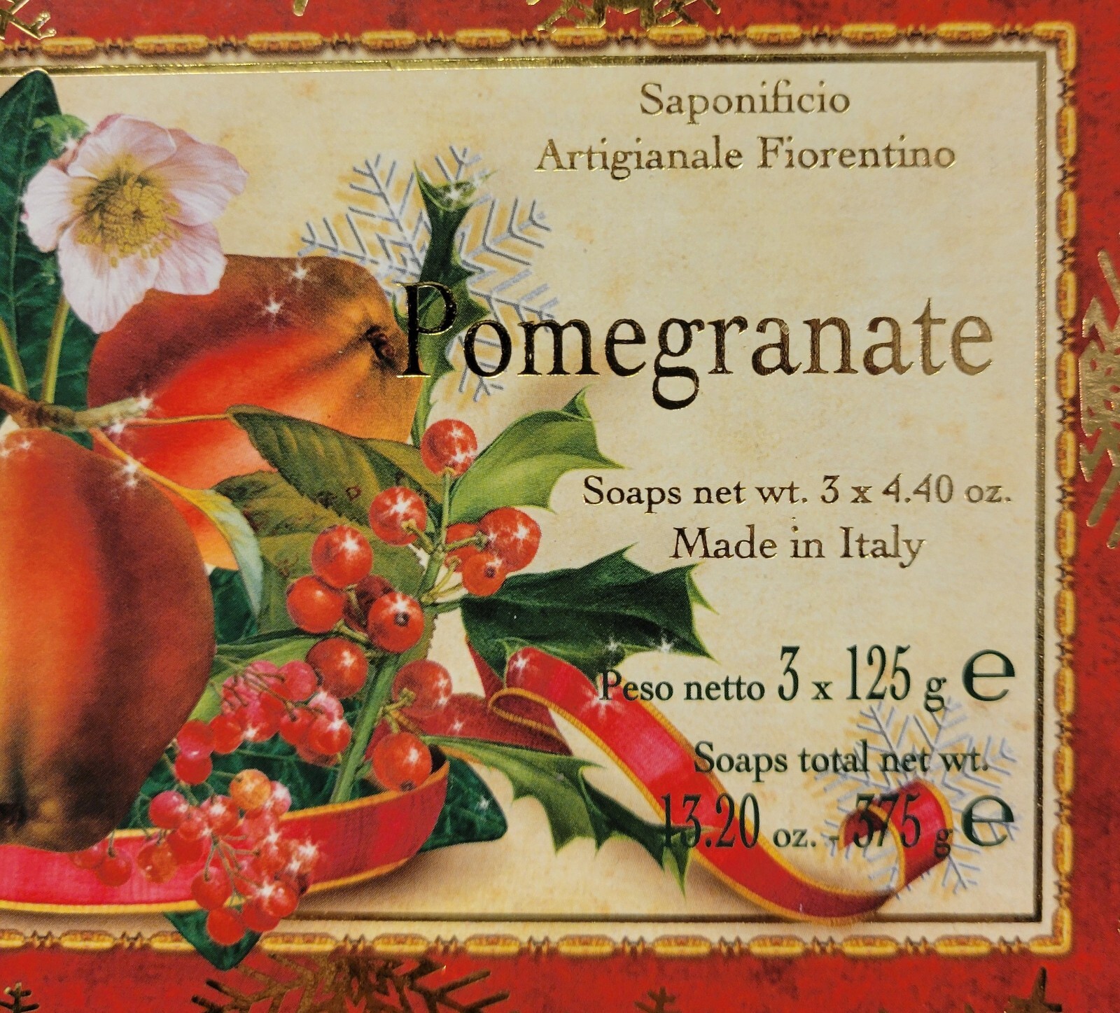 2x Saponificio SAF 3pk Pomegranate Scented Bar Soap 4.4 Oz Christmas Box Tuscany
