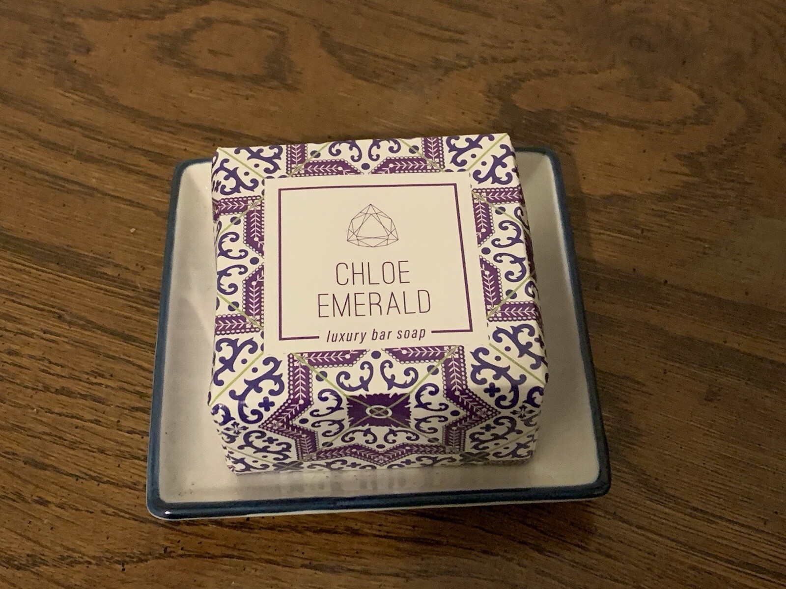 Chloe Emerald Emery Soap Dish Set, with soap, fresh linen