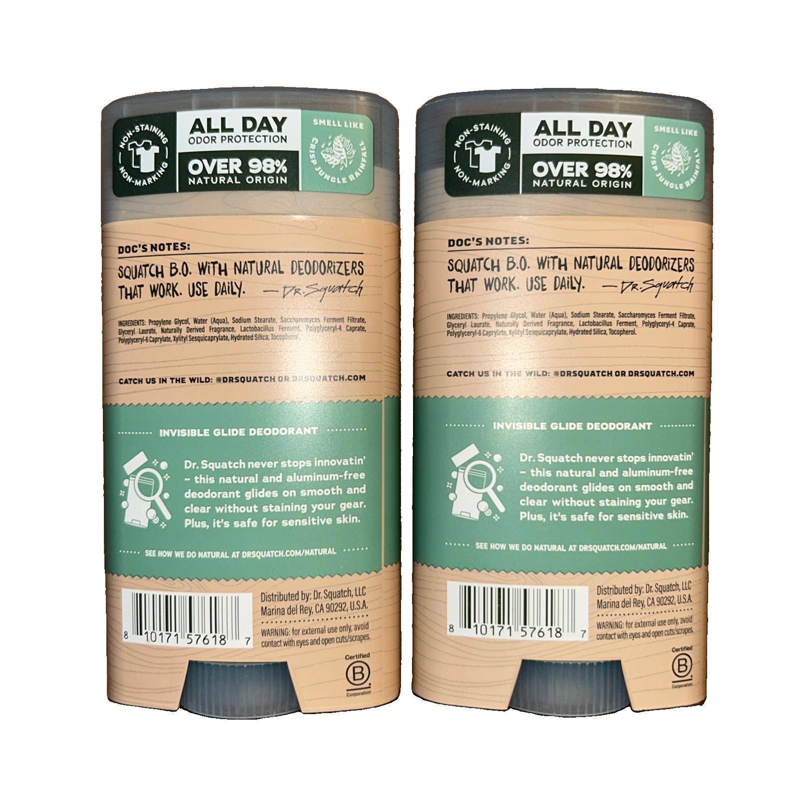 New! 2-Pack Dr. Squatch RAINFOREST RAPIDS Invisible Glide Deodorant 2.65oz