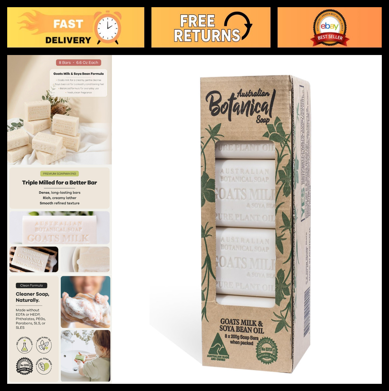 Goat Milk Soap Bars – Triple Milled Cleansing Soap with Shea Butter & Soya Oil,