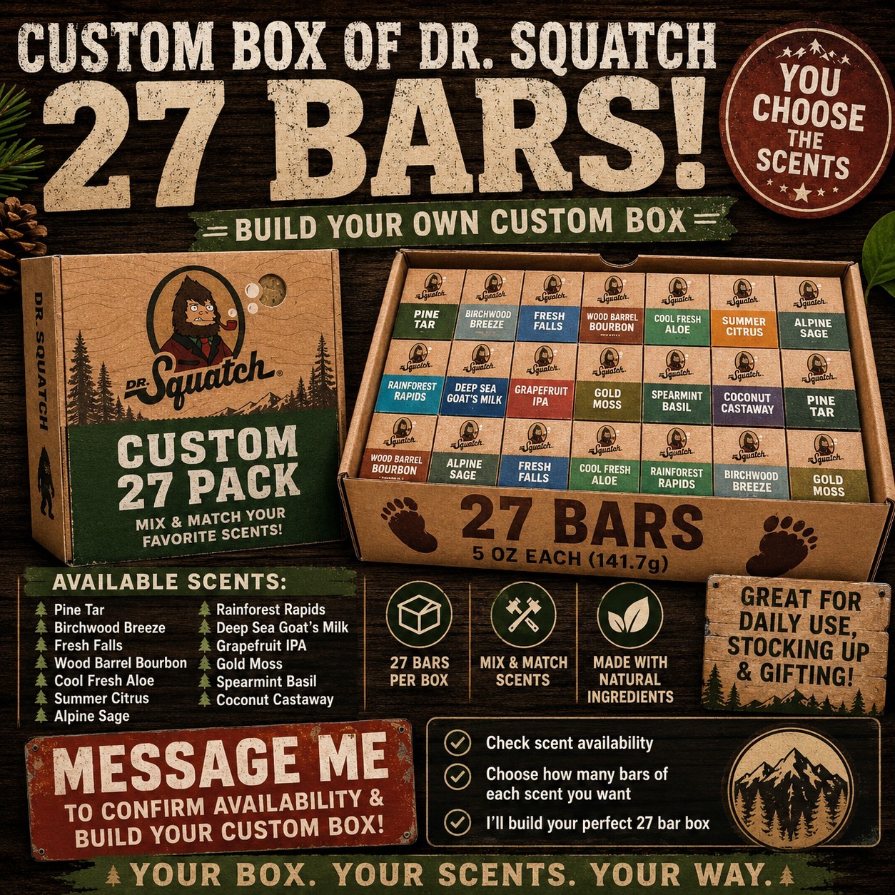 Dr. Squatch 27 Bar Custom Mix Match Soap Box Choose Scents 5 oz Bars – Read Desc