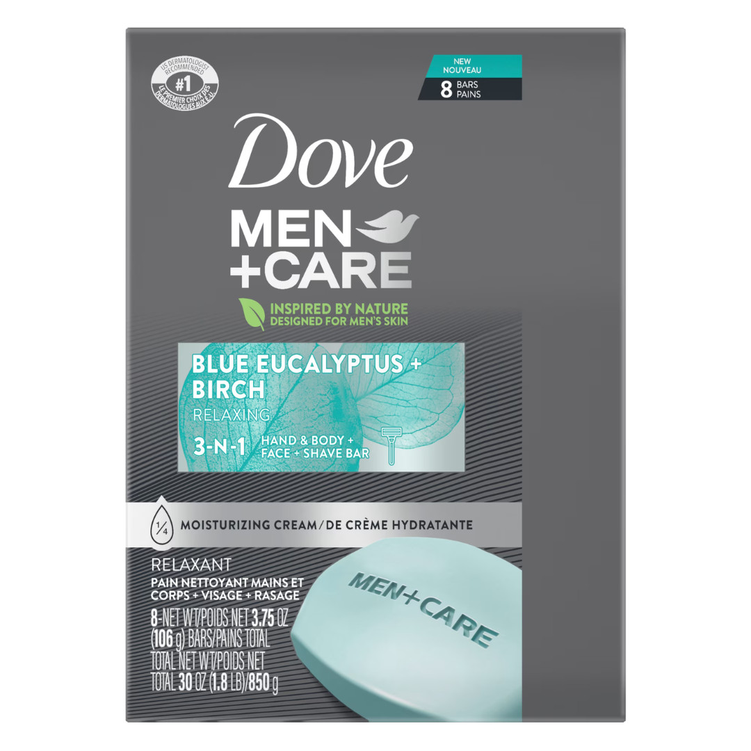 (2 Pack Combo) Dove Men Care 3-in-1 Soap Bar Blue Eucalyptus 3.75oz, 8 Pack Lot
