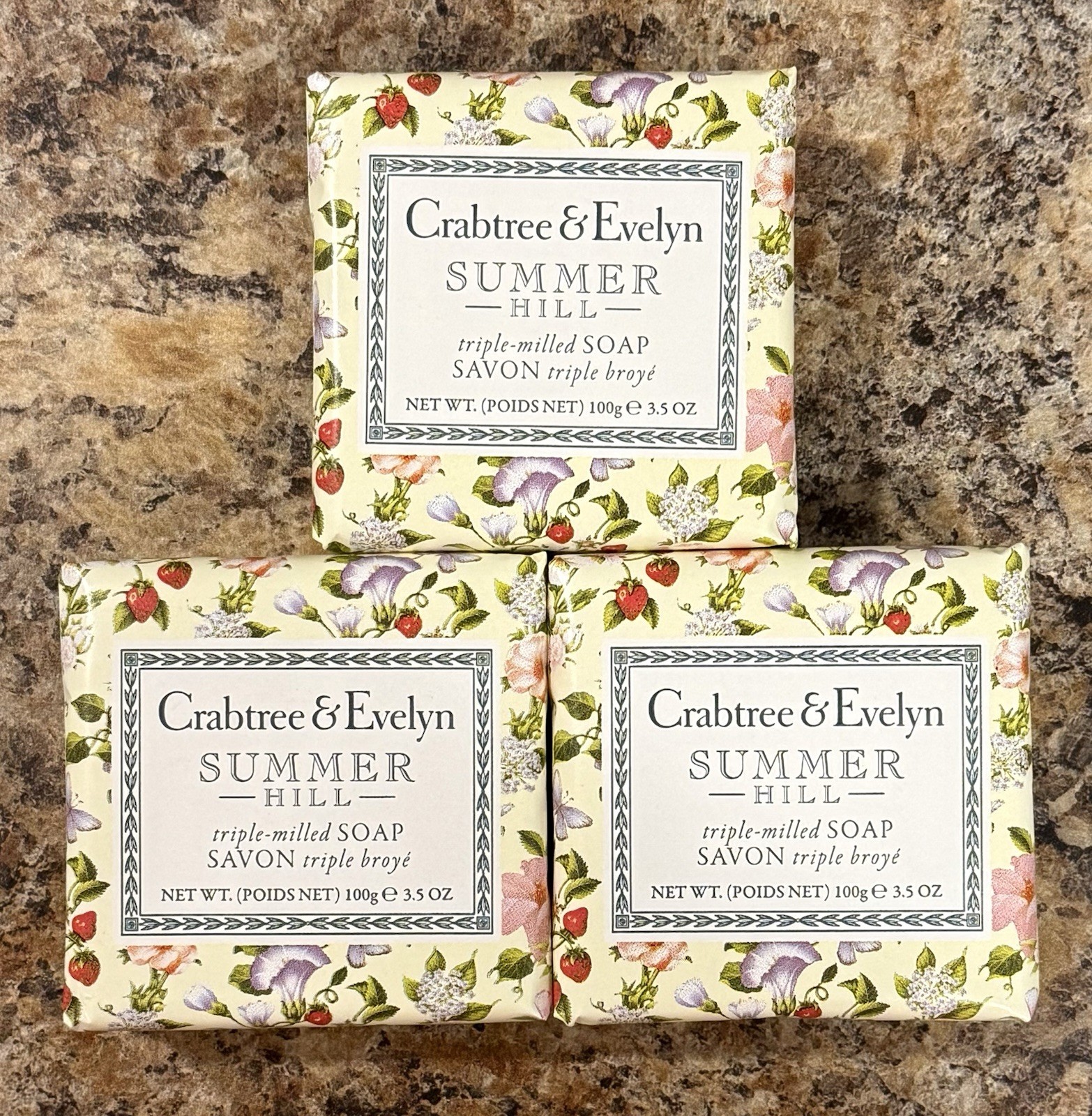 Crabtree & Evelyn SUMMER HILL Triple Milled Soap Bar Set of 3 – 3x 3.5oz