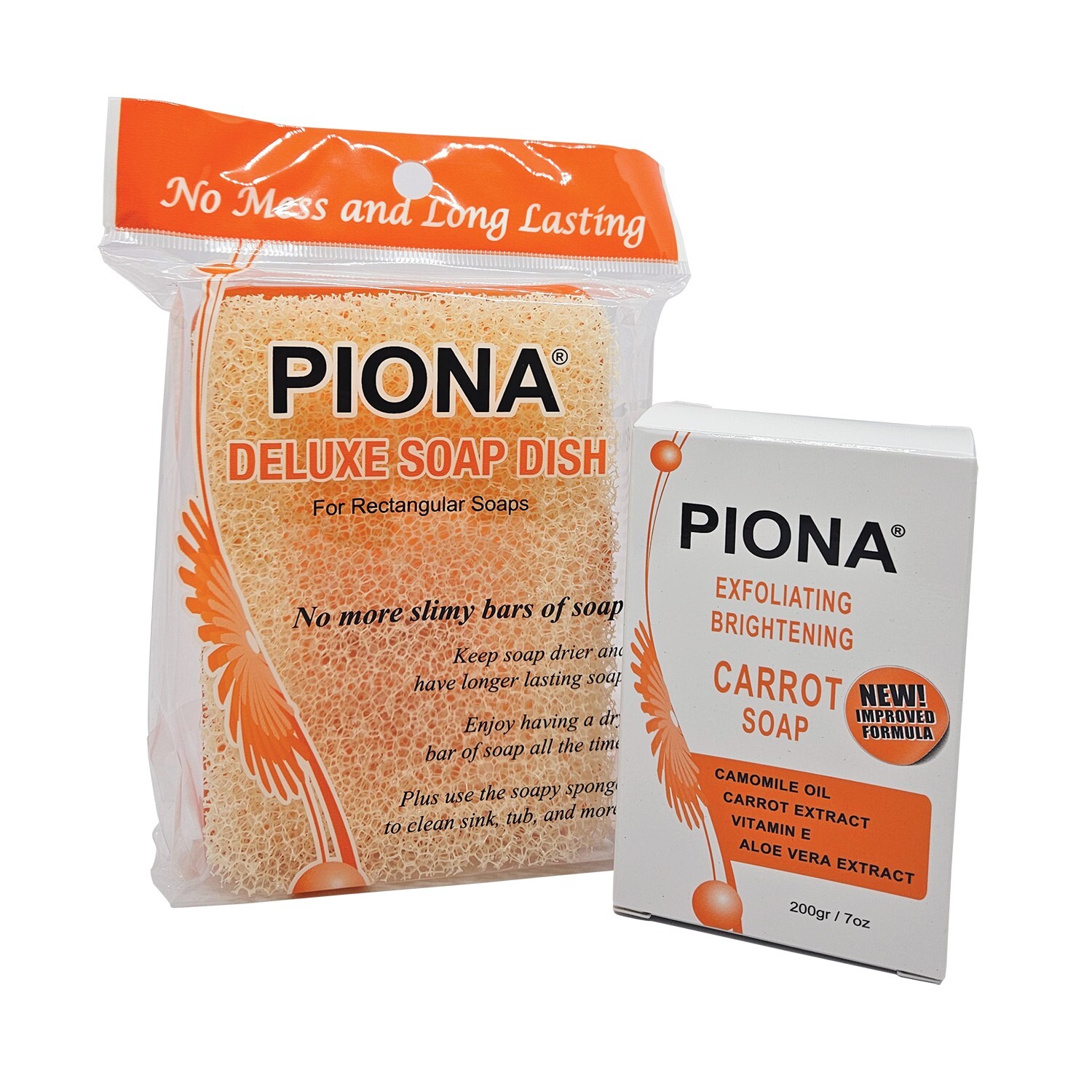 PIONA Exfoliating Brightening CARROT Soap 7 Oz. and Deluxe Soap Dish SET