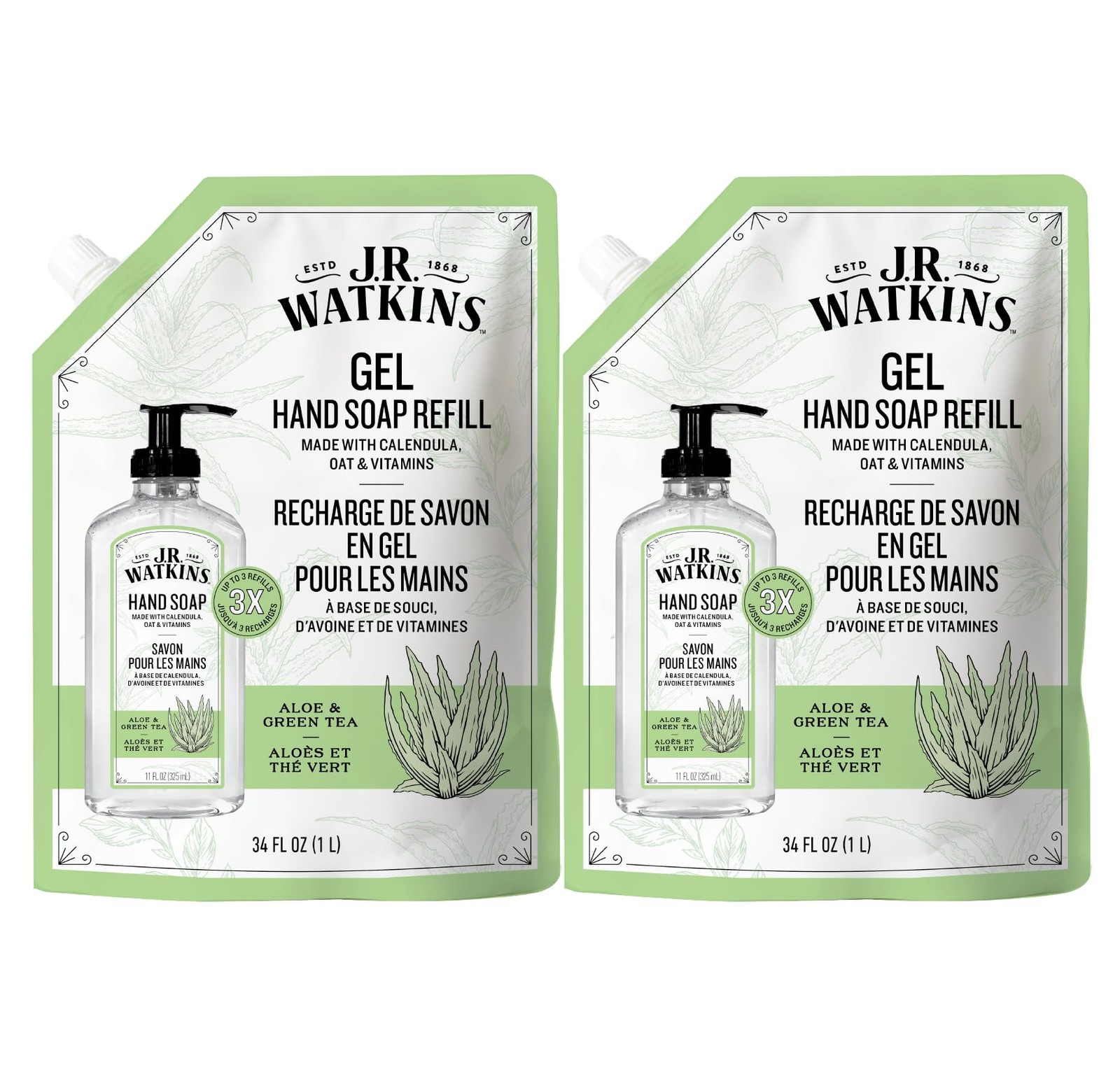 J.R. Watkins Gel Hand Soap Refill, 34 Fl Oz (Pack of 2), Aloe & Green Tea
