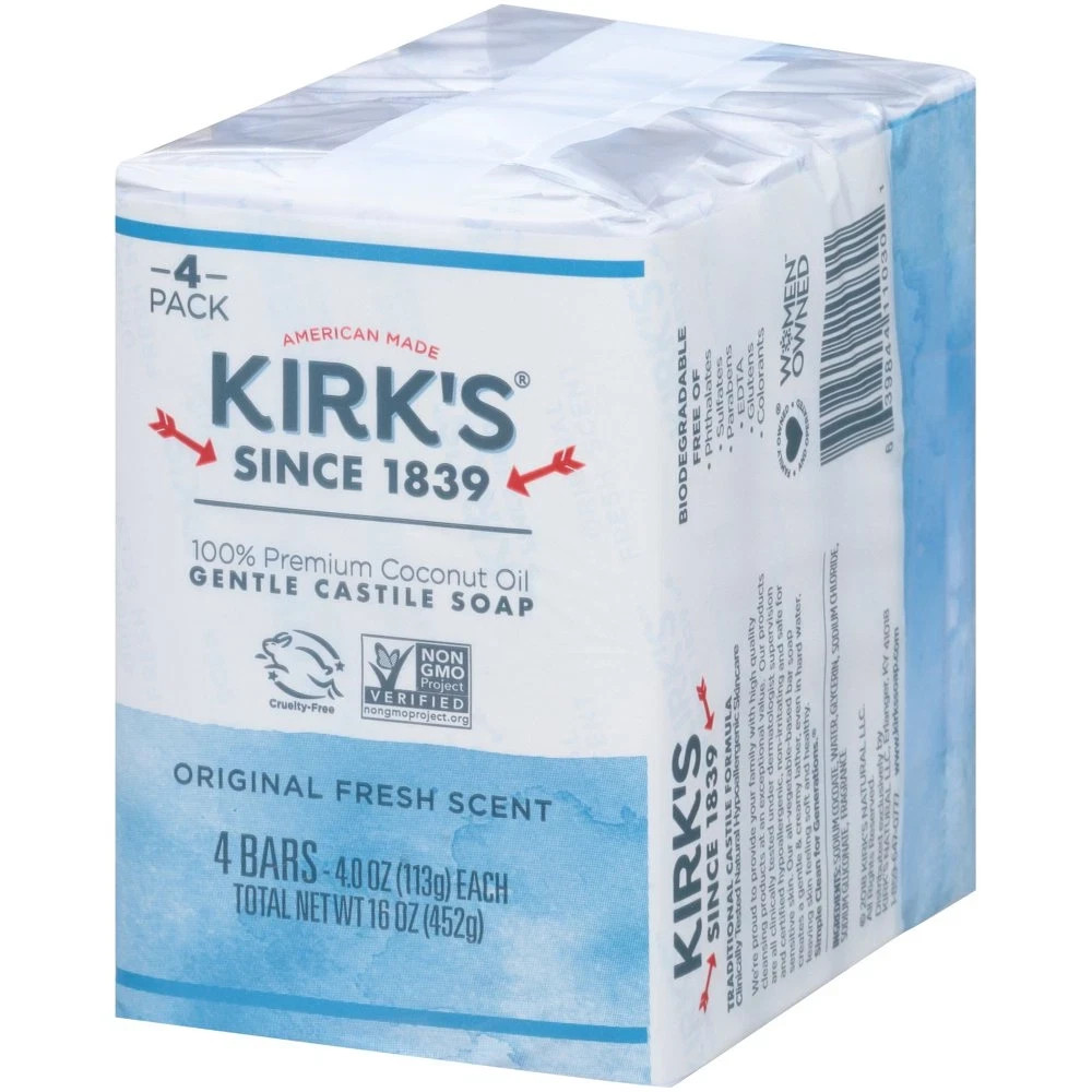 Kirk’s Castile Bar Soap – Made With Premium Coconut Oil, 4 oz. Bars, 4 Pack