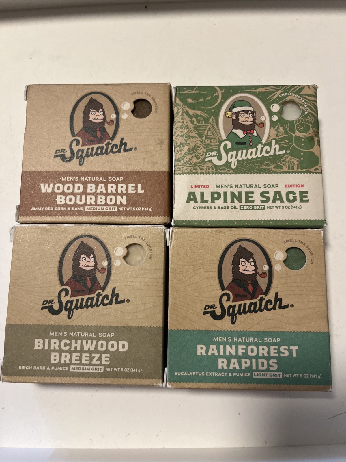 4x Dr. Squatch Wood Barrel Bourbon Alpine Sage Birchwood Breeze Rainforest5oz ea