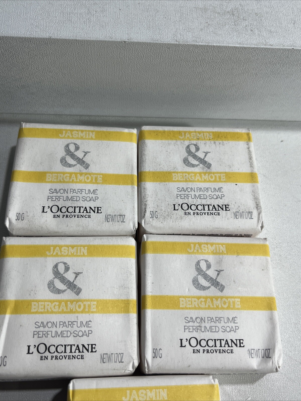 5 New Loccitane Jasmin & Bergamote Bar Soap, 1.7oz Each, Slightly Damaged Outer