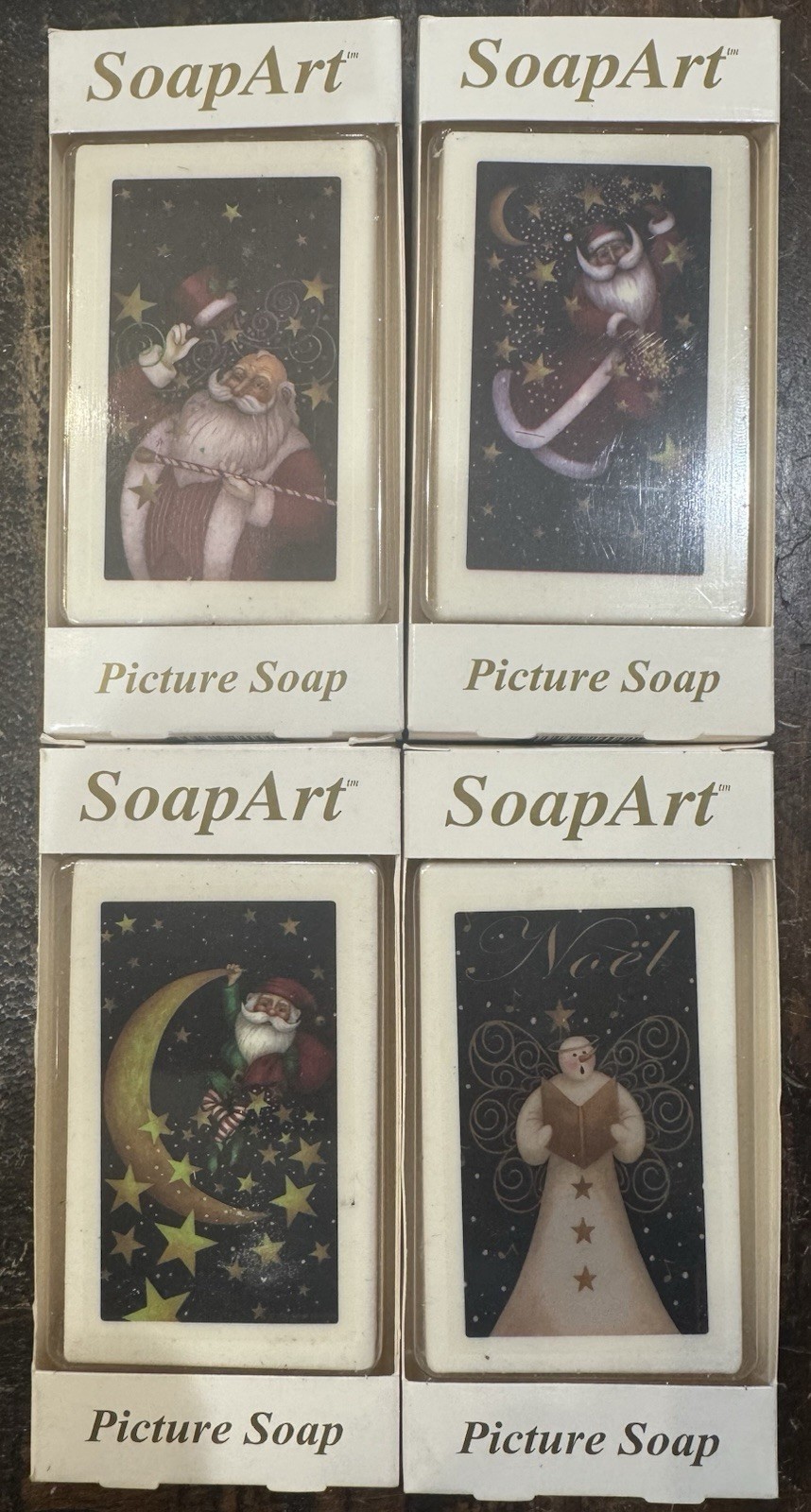 Vintage 4 Piece Soap Art Picture Soaps Christmas Santa Angel Noel 3 oz – NEW!