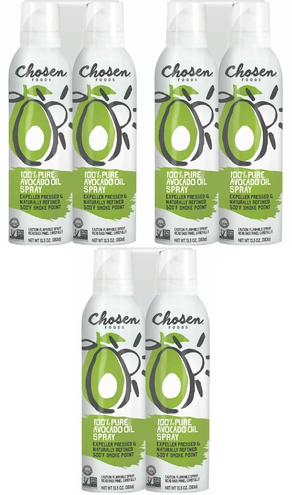 6 Pk Chosen Foods 100% Pure Avocado Oil Spray, Cooking, Dressing, 13.5 oz, Each