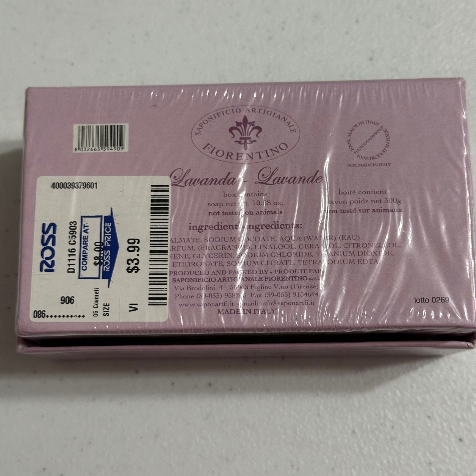 Saponificio Artigianale Fiorentino Tuscan Lavender Bar Soap Made in Italy NEW