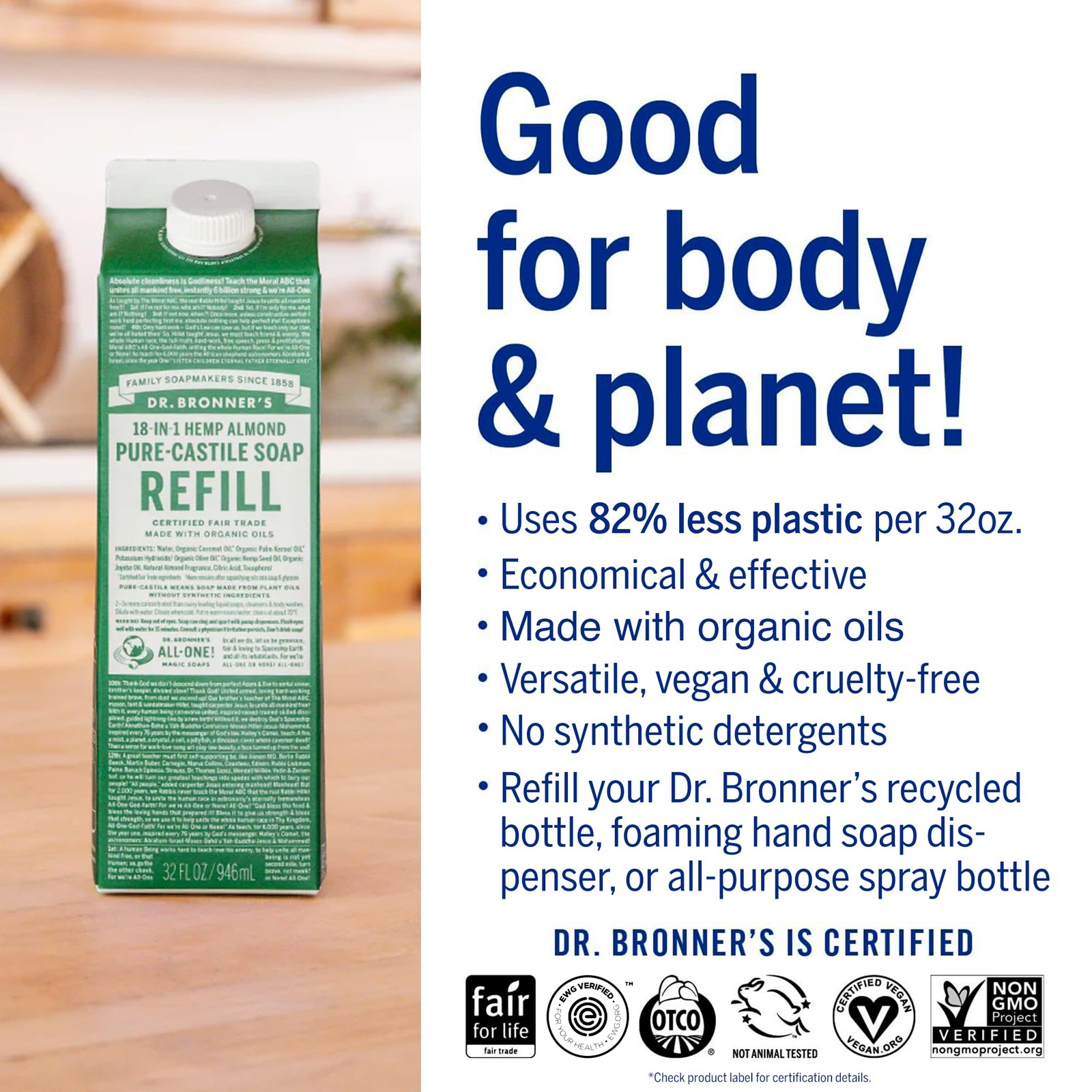 Dr Bronner’s Organic Pure Castile Liquid Soap Almond 32Oz Eco Friendly Refill