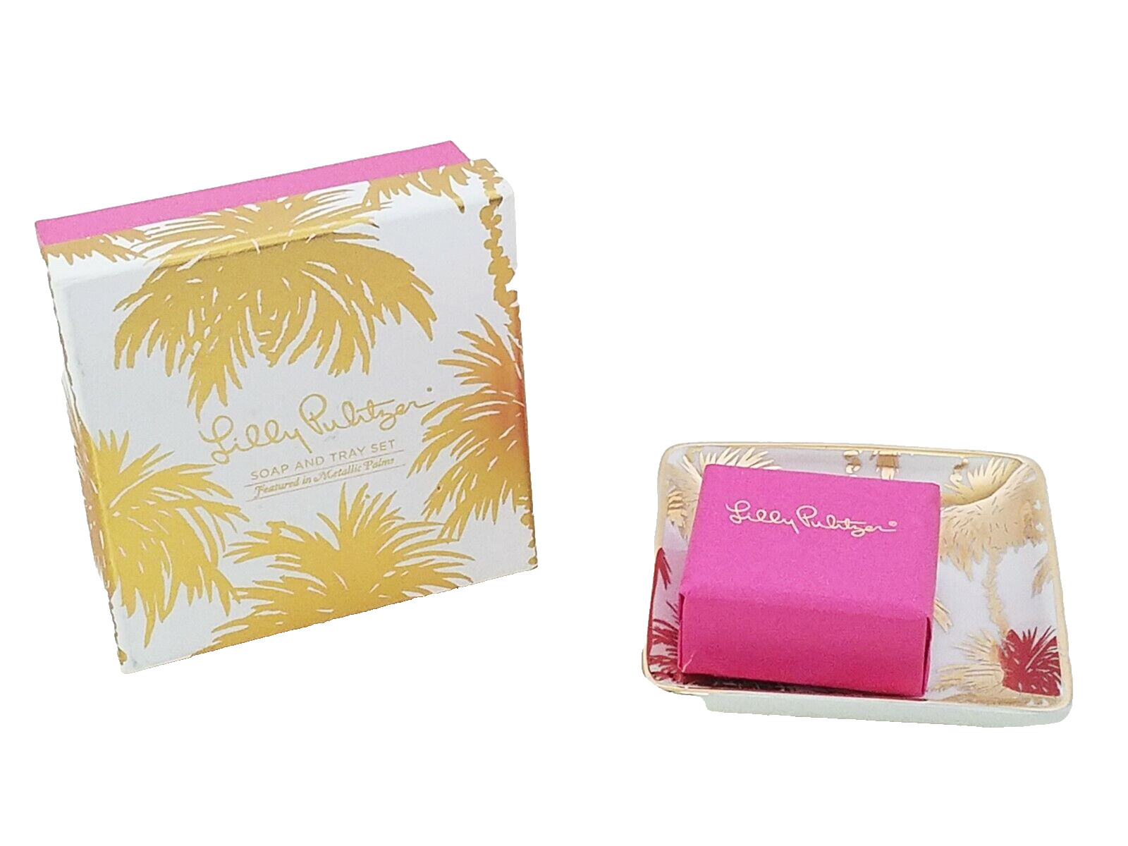 Lilly Pulitzer Soap And Tray Set NIB Featured in Metallic Palms 172423