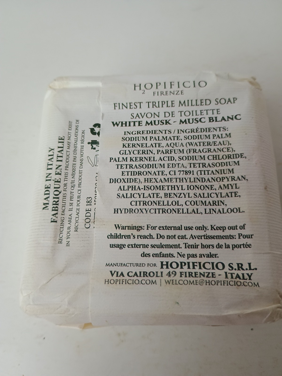 Hopificio White Musk Finest Triple Milled Bar Soap 5.2 oz New Italy New Savon