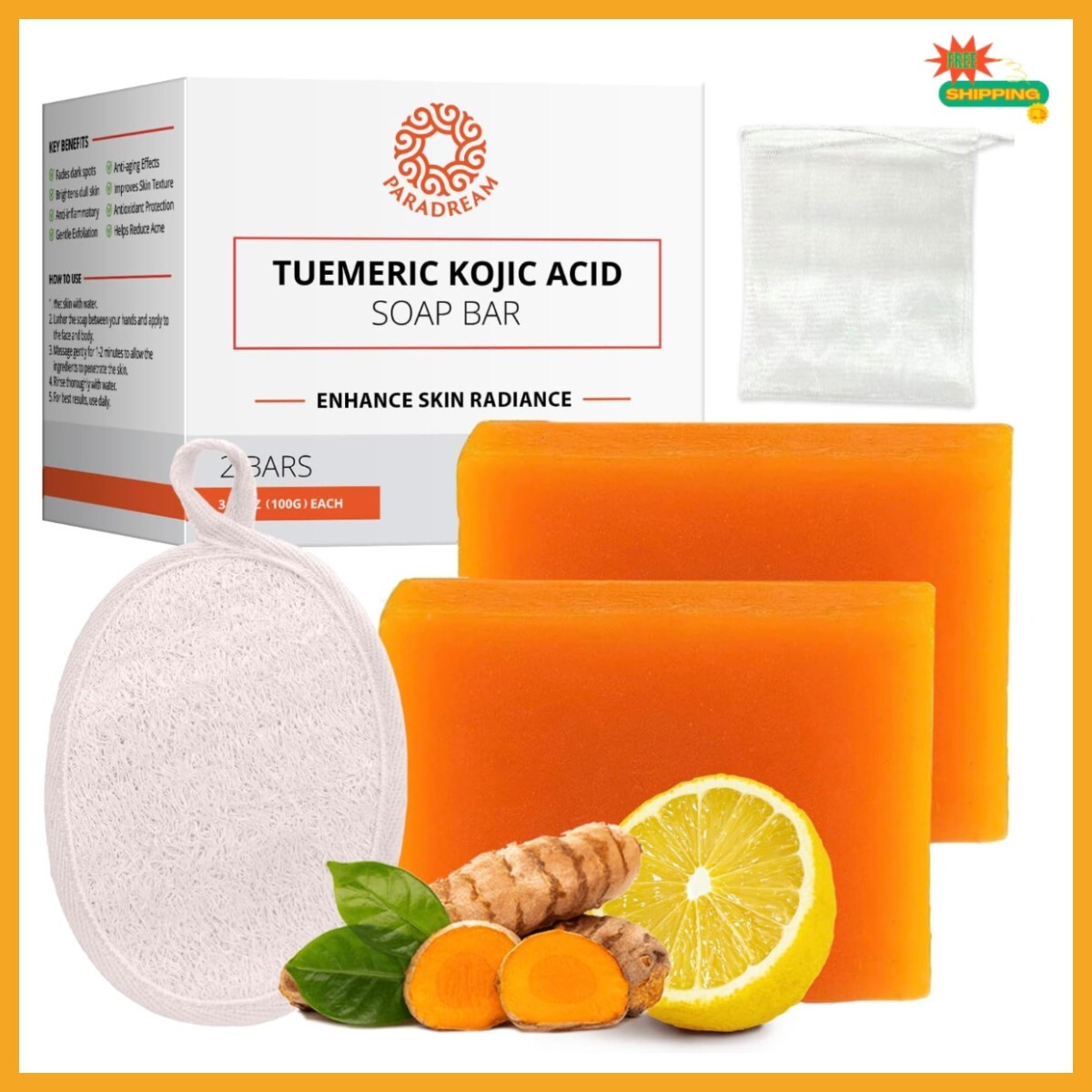 Kojic Acid Soap and Loofah Sponge Set: Soap Bar with Turmeric Vitamin C Retinol